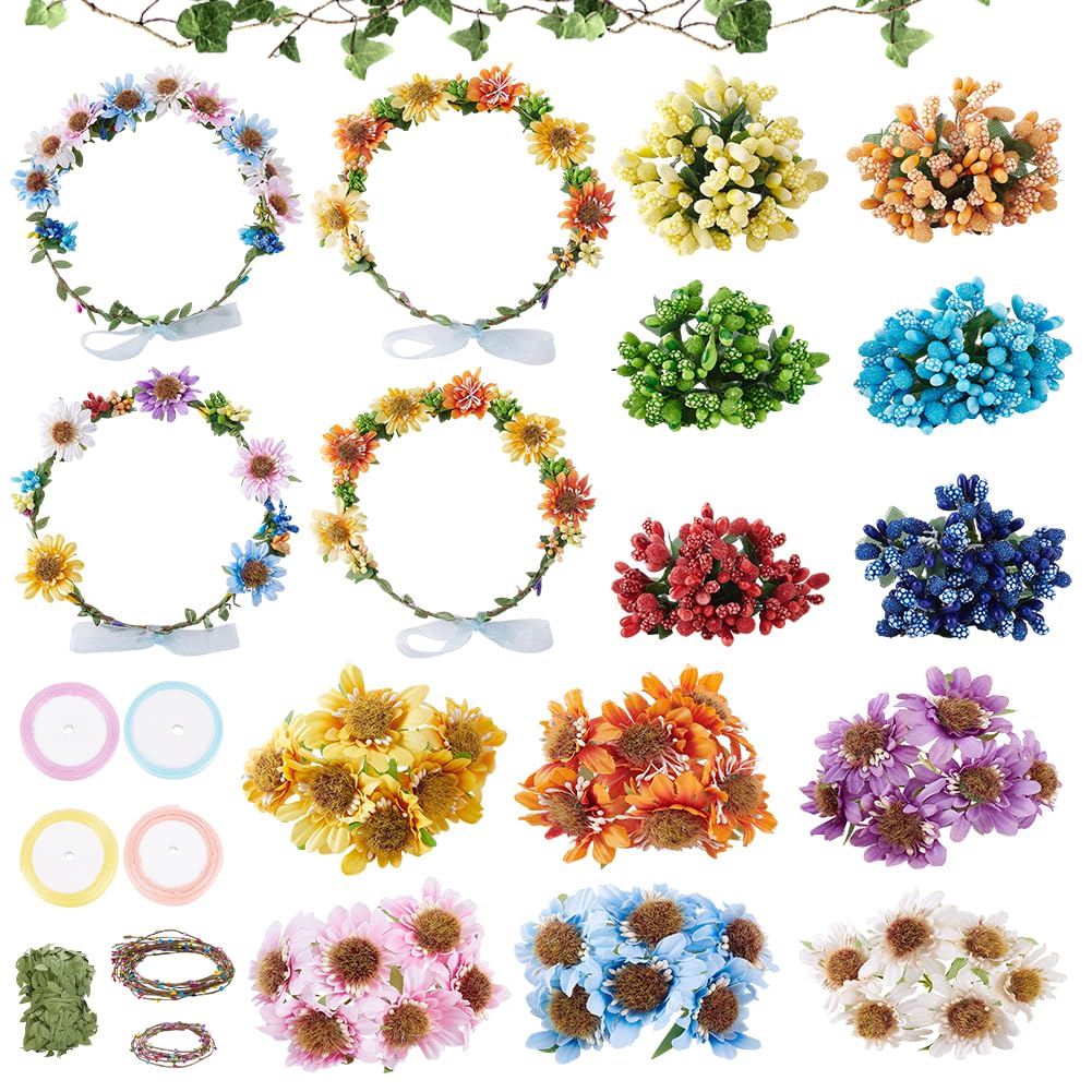 FREEBLOSS 16 Set Flower Crowns DIY Kit Flower Crown DIY Flower Crowns Chrysanthemum Headband Making Kit Handmade Floral Hair Accessories for Wedding Birthday Fairy Party Favors DIY Arts and Crafts FREEBLOSS