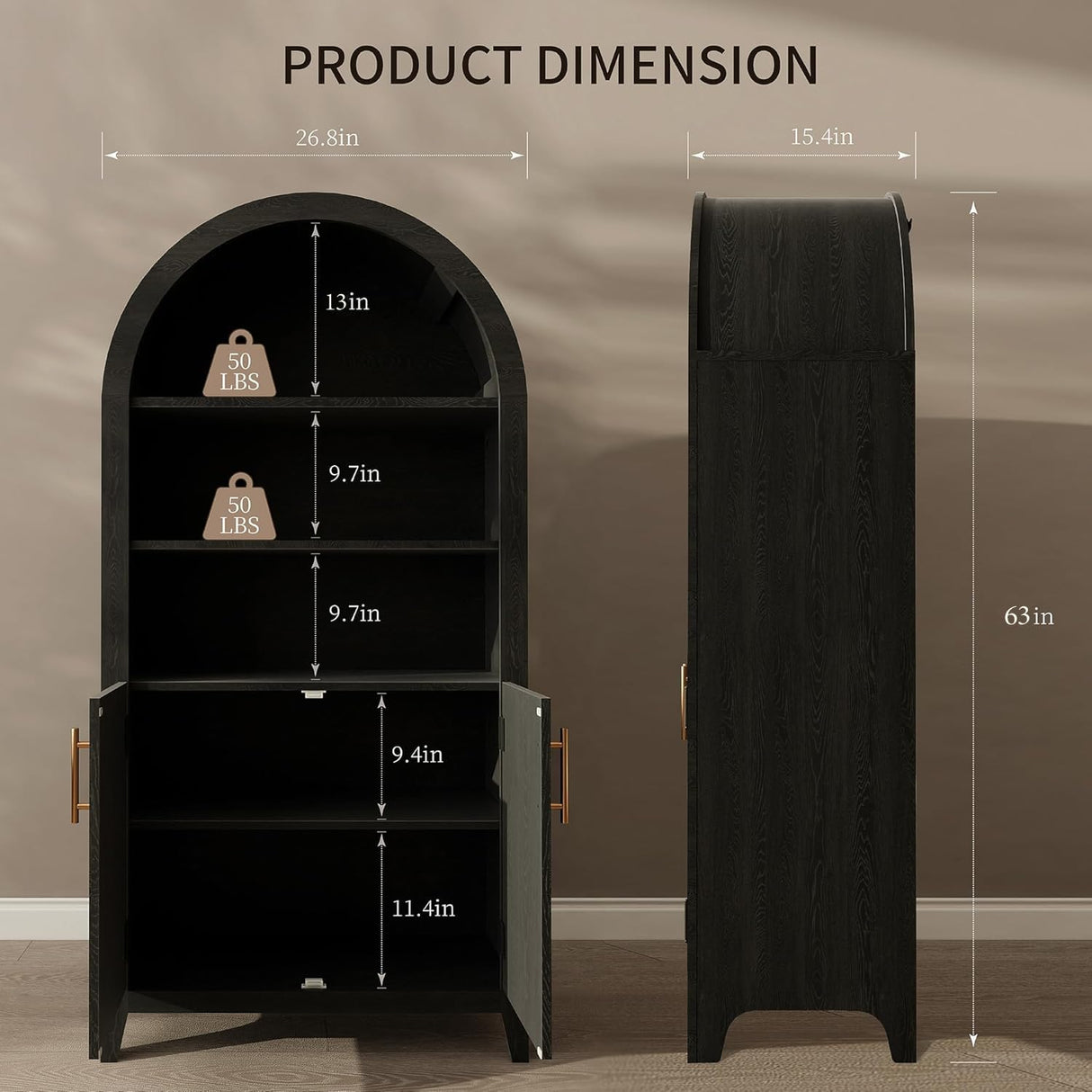 infurnic 63“ Arched Storage Cabinet with Beech Wood Door, 5-Tier Arched Bookcase, Farmhouse Kitchen Pantry with Storage – Perfect for Dining Room, Living Room, Kitchen, or Home Office infurnic