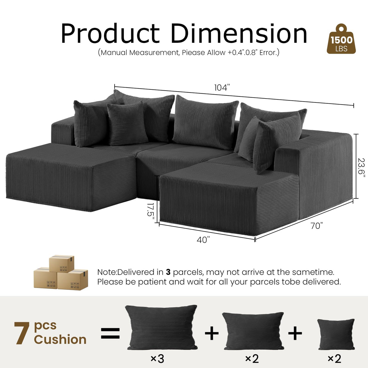 104" Cloud Couch Sectional, U Shaped Boneless Couches for Living Room, Corduroy Modern Modular Sectional Sofa, No Assembly Required (Grey, U-Shaped) cidludto