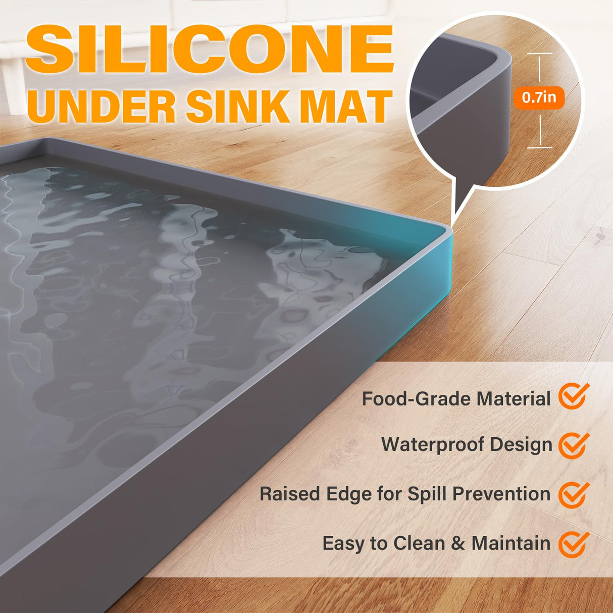 FLATO Waterproof Under Sink Mat 34" x 22" Shelf Liner for Kitchen and Bathroom, Cabinet Protector, Organizers and Storage, Flexible Silicone Drip Tray FLATO