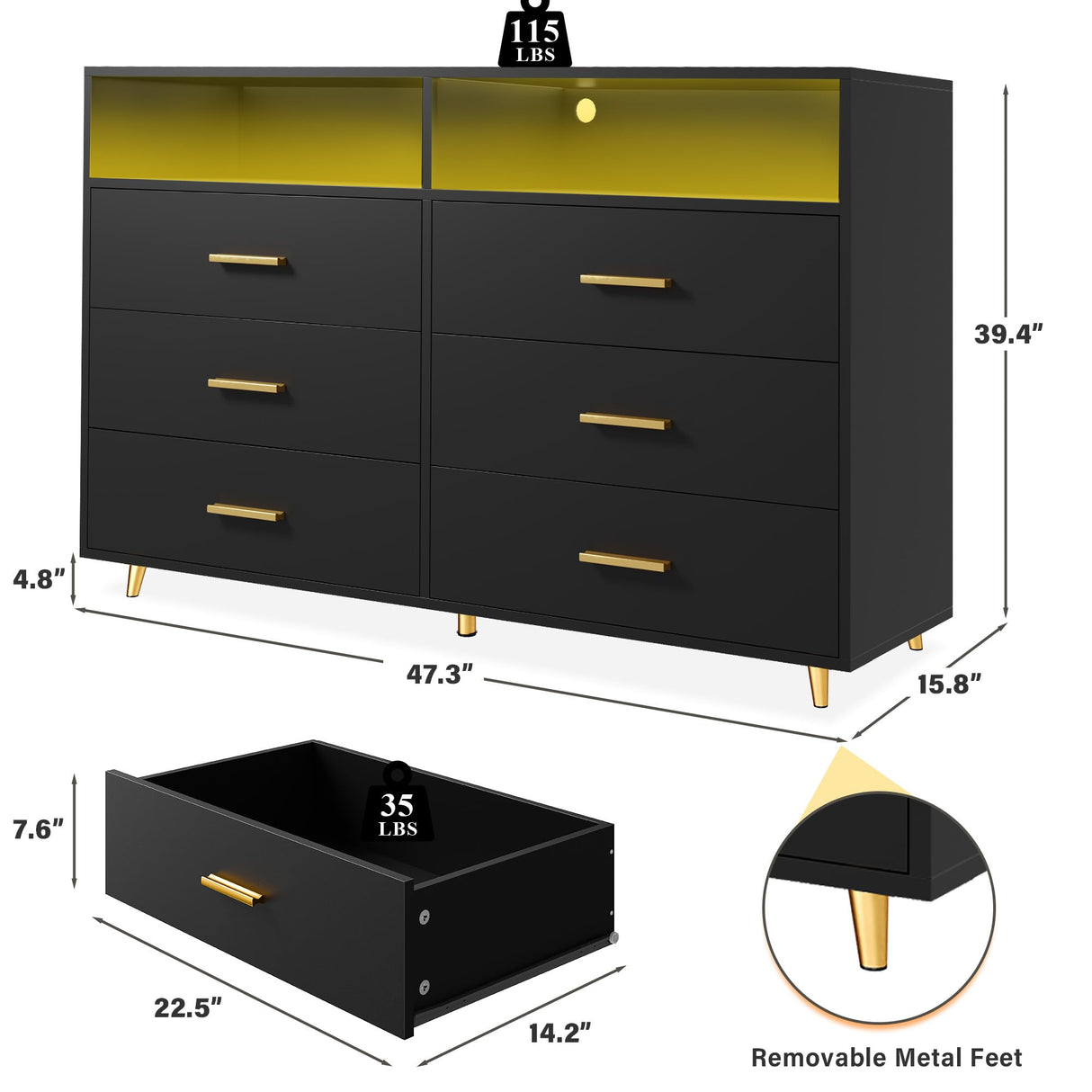 EnHomee Black Dresser for Bedroom with 6 Drawers and Shelves,Modern Wood Dresser with LED Lights,Large TV Stand,Hallway,47.3" W x 39.4" H x 15.8" D,Black EnHomee