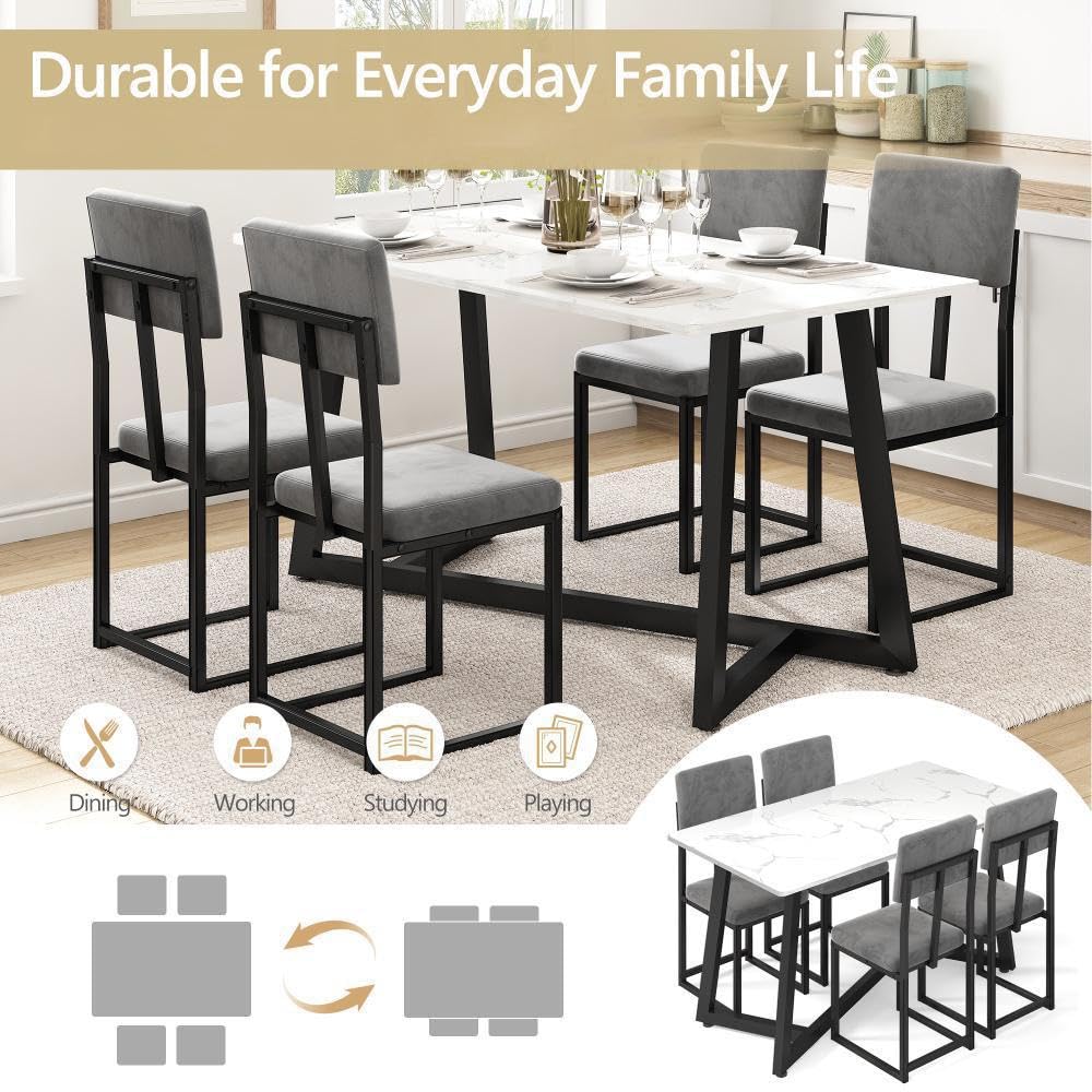 Sesslife 5-Piece Dining Table Set for 4, Modern Faux 47.24" Marble Kitchen Table with 4 Velvet Chairs, Stylish Small Dining Table Set for Apartments & Small Spaces Sesslife