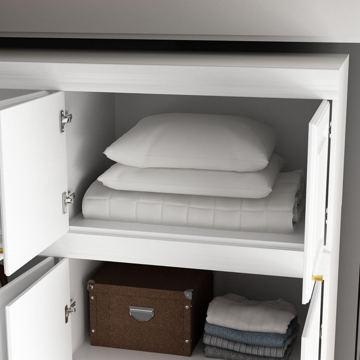 MOUMON 4 Door Wardrobe Closet with 4 Drawers & Shelves, Armoire Wardrobe Closet with Hanging Rod, Top Cube Storage, Closet for Bedroom White and Gold (63”W x 20.6”D x 93.9”H) MOUMON