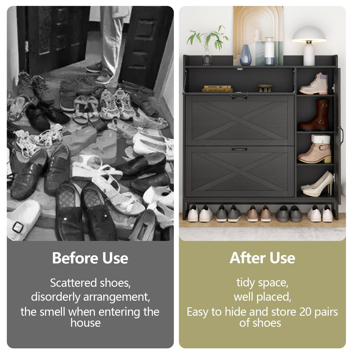 Auromie Free Standing Shoe Organizer with 2 Flip Drawers and Side Cabinet, Entryway Narrow Shoe Storage with Door for Hallway and Living Room (Black Plus) Auromie