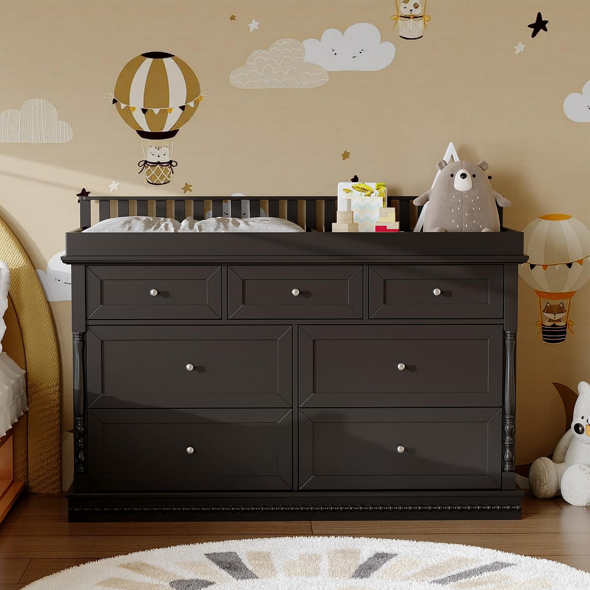Timechee Baby Dresser with Changing Table Top, Black Dresser for Nursery with 7 Storage Drawers, Multi-Functional Baby Changing Table, Modern Diaper Nursery Dressers Station for Kids Bedroom Timechee