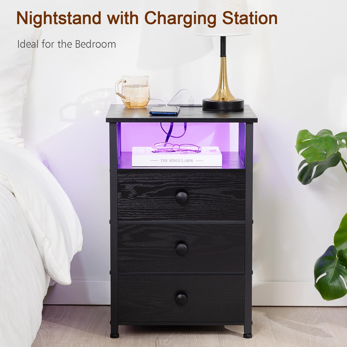 AMHANCIBLE Night Stand Set 2, LED Nightstand with Charging Station, End Side Tables with USB Port & Outlet, Bedside Table with Fabric Drawers for Bedroom Living Room, Black, HET053LBK AMHANCIBLE