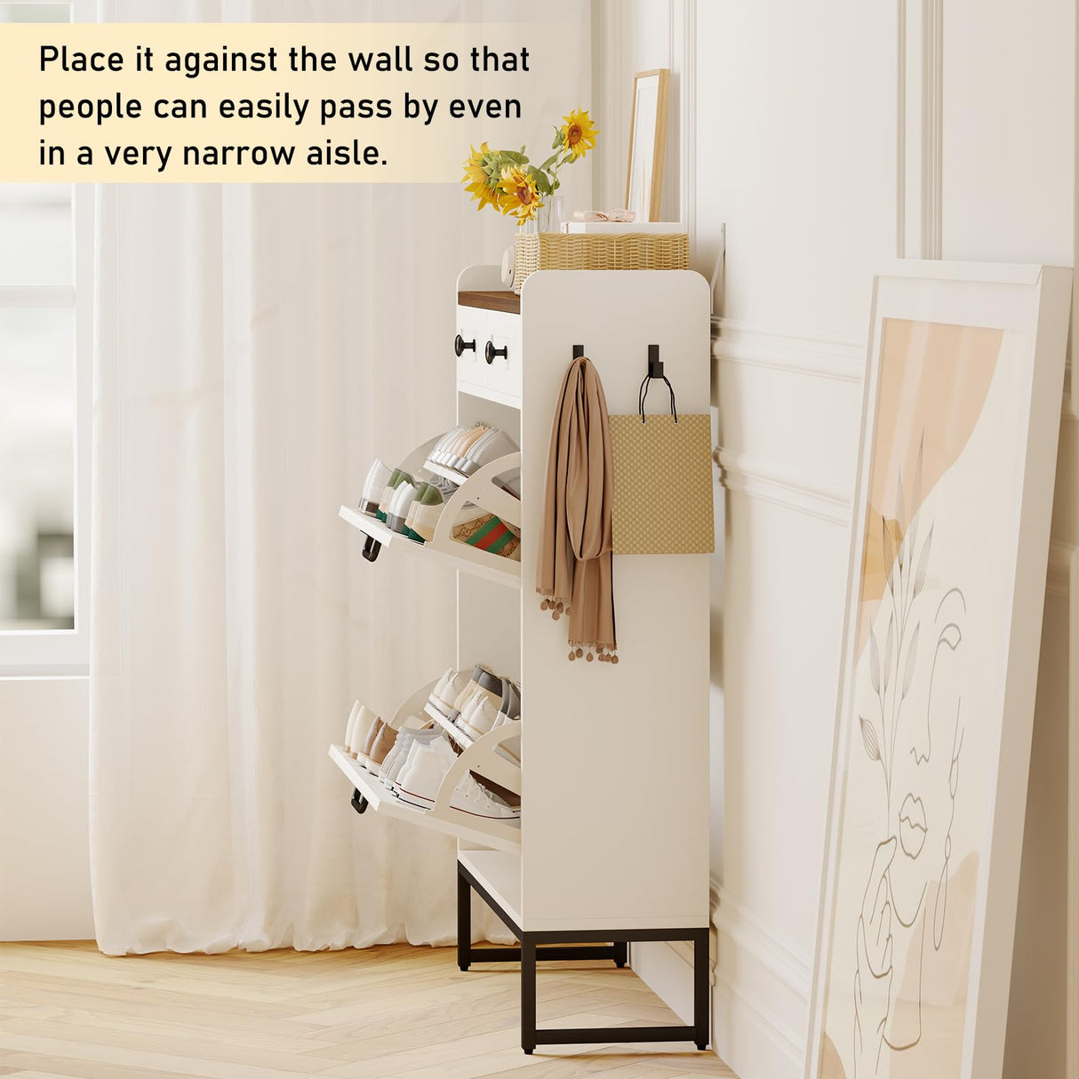 YGEOMER Shoe Cabinet Storage for Entryway, Farmhouse Shoes Organizer Rack with 2 Flip Drawers and 2 Fabric Drawers, Narrow Slim Shoe Cabinet for Door Entrance, White YGEOMER