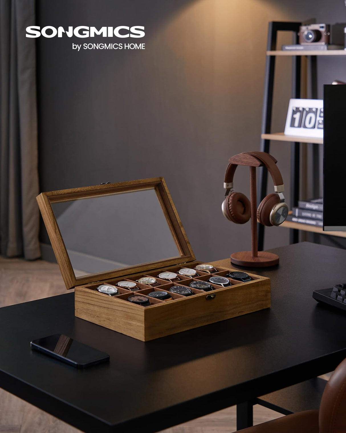 SONGMICS Watch Box with 12 Slots, Watch Case, Solid Wood Watch Box Organiser with Glass Lid, Watch Display Box with Removable Pillows, Gift Idea, SONGMICS