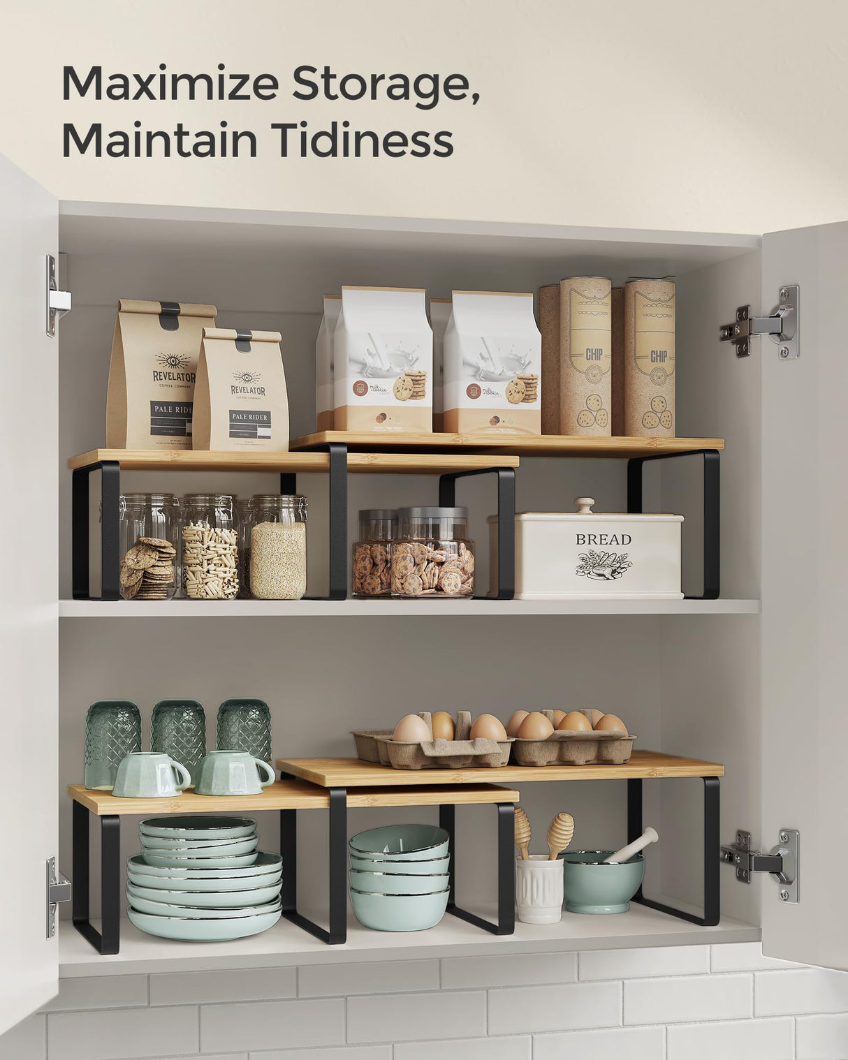 SONGMICS Cabinet Organizer Shelf, Set of 2 Kitchen Counter Shelves, Kitchen Storage, Spice Rack, Stackable, Expandable, Metal and Engineered Wood, Ink Black and Natural Beige UKCS200B01 SONGMICS