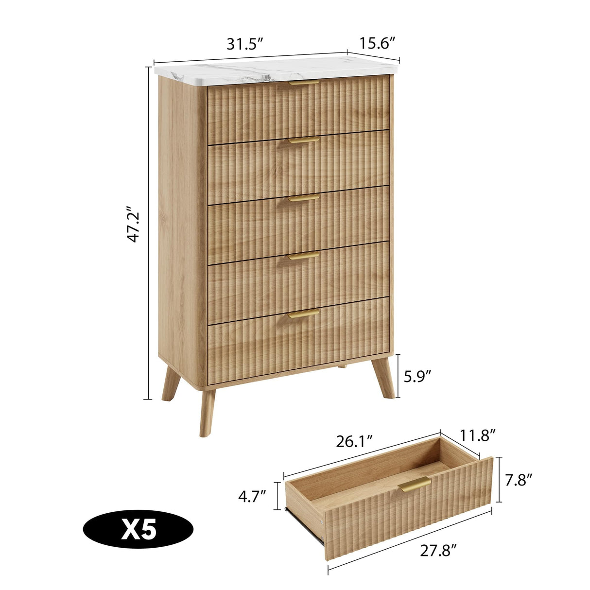 Garvee 5 Drawers Dresser for Bedroom, 47.2" Tall Dressers with Curved Profile Design, Fluted Wood Drawers with Gold Handle, Modern Chest of Dressers with Thickened Design for Living Room, Natural Garvee