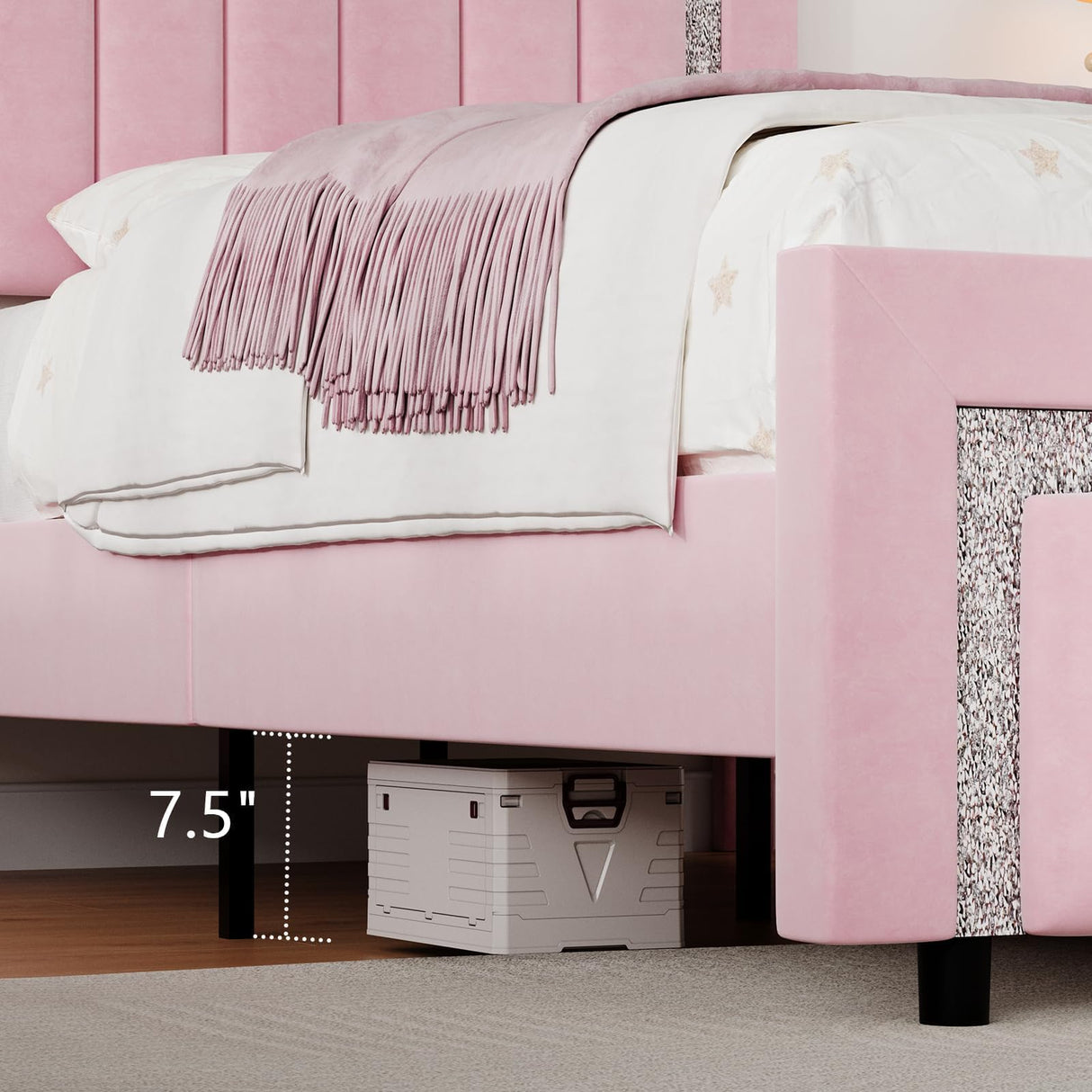 HOMBCK Queen Bed Frame, Pink Upholstered Bed Frame with Velvet Diamond Headboard, Soft Bed Frame, Vertical Channel Tufted Headboard and Footboard, No Box Spring Needed, Easy Assembly, Pink HOMBCK