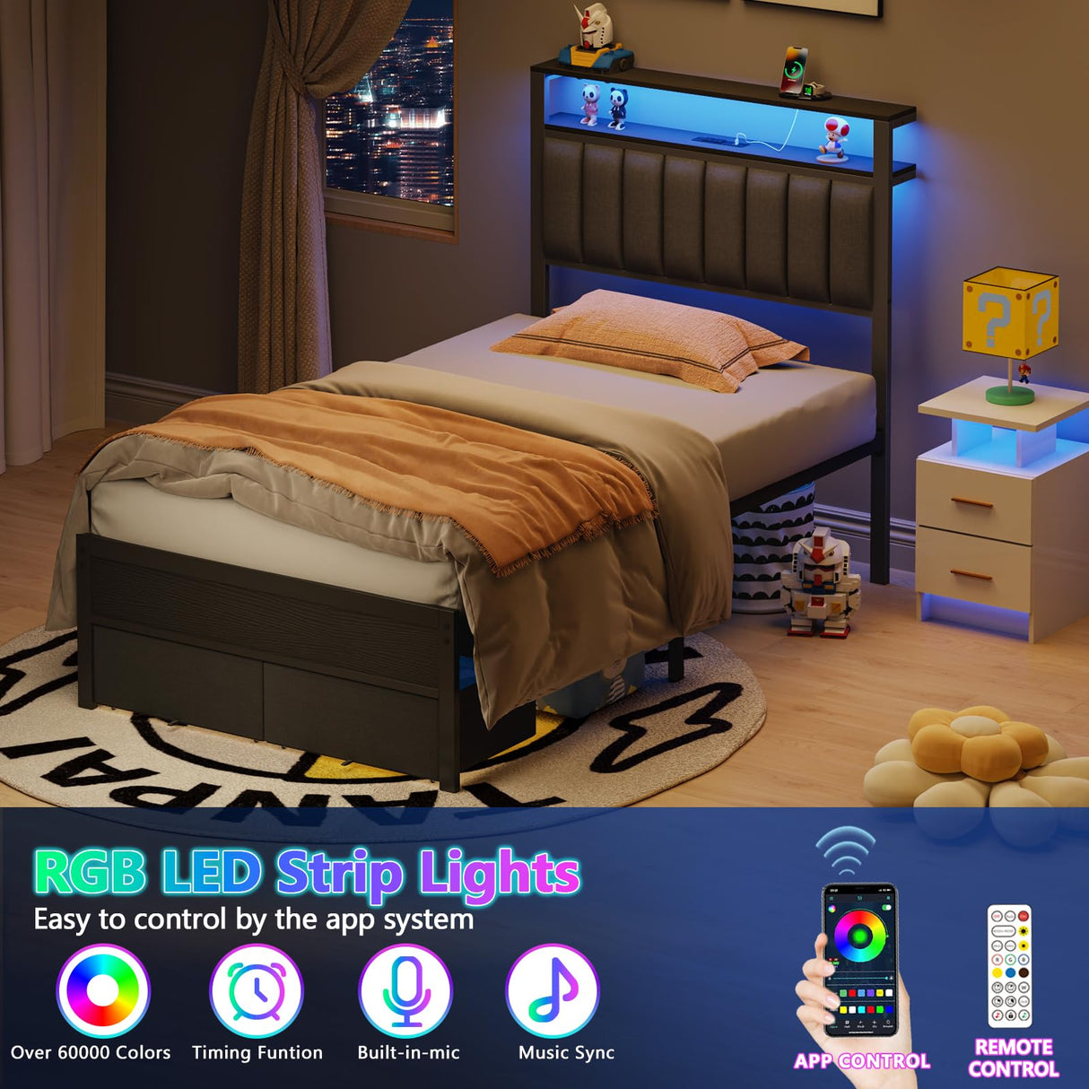 Furnulem Twin Bed Frames with Charging Station and LED Lights, Grey Upholstered Headboard with Shelves, Metal Platform Bed with 2 Under-Bed Storage (Fabric Drawer on Wheels), No Box Spring Needed Furnulem