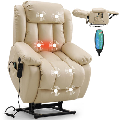PARKOL Dual Motor Power Lift Recliner Chair for Elderly, 180-Degree Infinite Position Lay Flat Leather Recliner Chairs, with Massage and Heating, USB & Type-C Port and Remote (Beige)