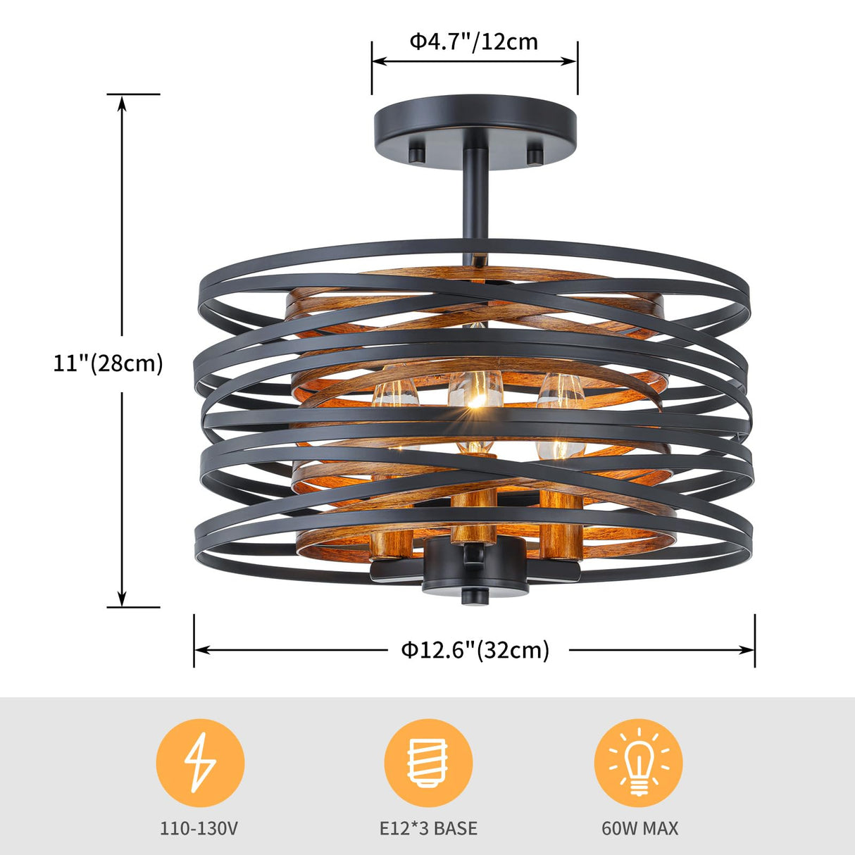 LumFurn 3-Lights Farmhouse Ceiling Light Fixture, Rustic Close to Ceiling Semi-Flushmount, Perfect Lamp for Living Room, Foyer, Kitchen, D12.6 x H11, Matte Black & Wood Texture Finish LumFurn