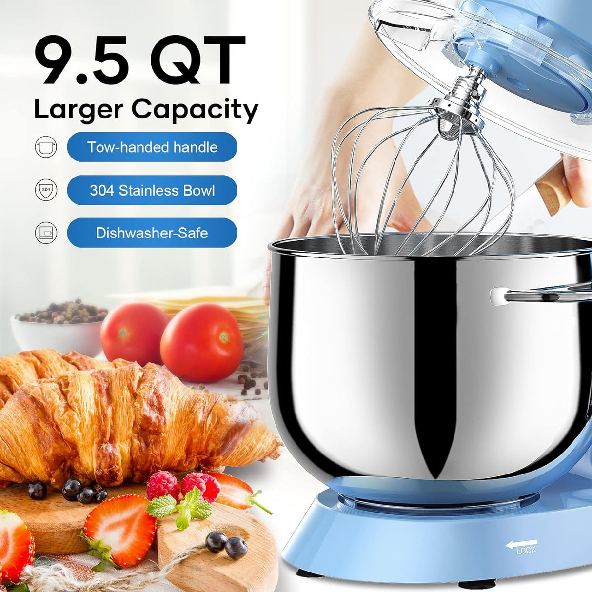 9.5 Qt Stand Mixer, 10-Speed Tilt-Head Food Mixer, Vezzio 660W Kitchen Electric Mixer with Stainless Steel Bowl, Dishwasher-Safe Attachments for Most Home Cooks(Blue) Vezzio