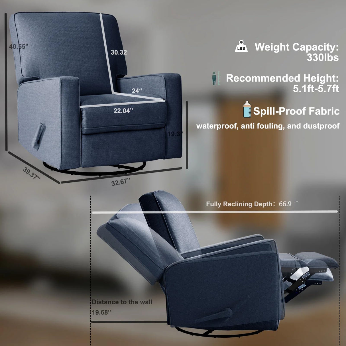 Harkawon Swivel Rocker Recliner Chair, Glider Rocker Recliner, Rocking Chairs Nursery, Fabric Chair with High Back, Deep Seat, for Living Room, Bedroom, Blue Harkawon