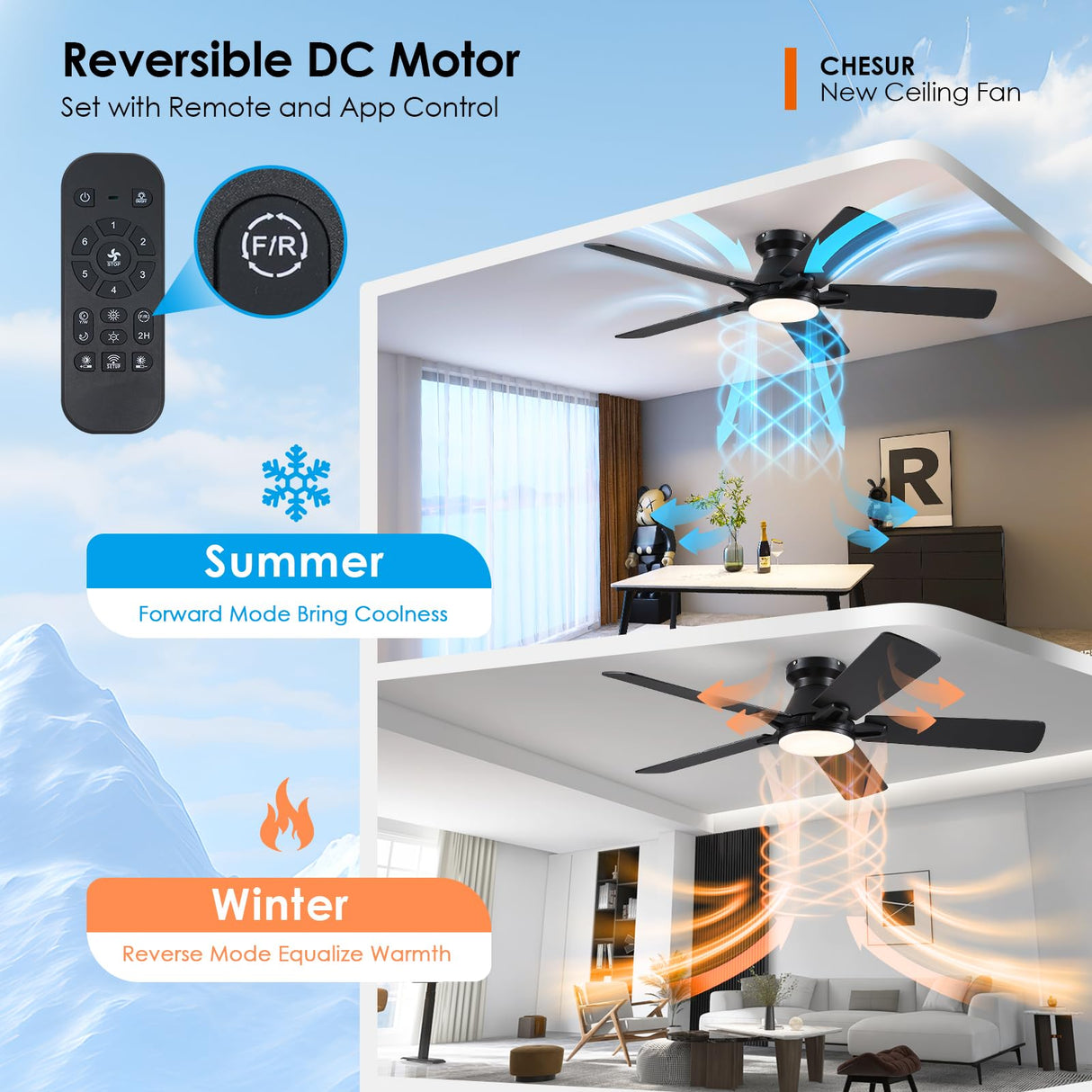 52 Inch Ceiling Fan with Lights and Remote/APP Control - Black Flush Mount Ceiling Fan with Dimmable LED Light, Reversible DC Motor, Low Profile Ceiling Fan for Modern Indoor and Outdoor Patios CHESUR