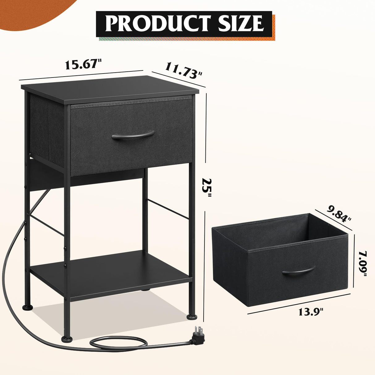 WLIVE Night Stand with Charger Station, Small Nightstand with 1 Fabric Drawer and Open Wood Shelf, 25" H Bedside Table for Bedroom, 2-Tier Storage Side Table for Dorm, Entryway, Black WLIVE