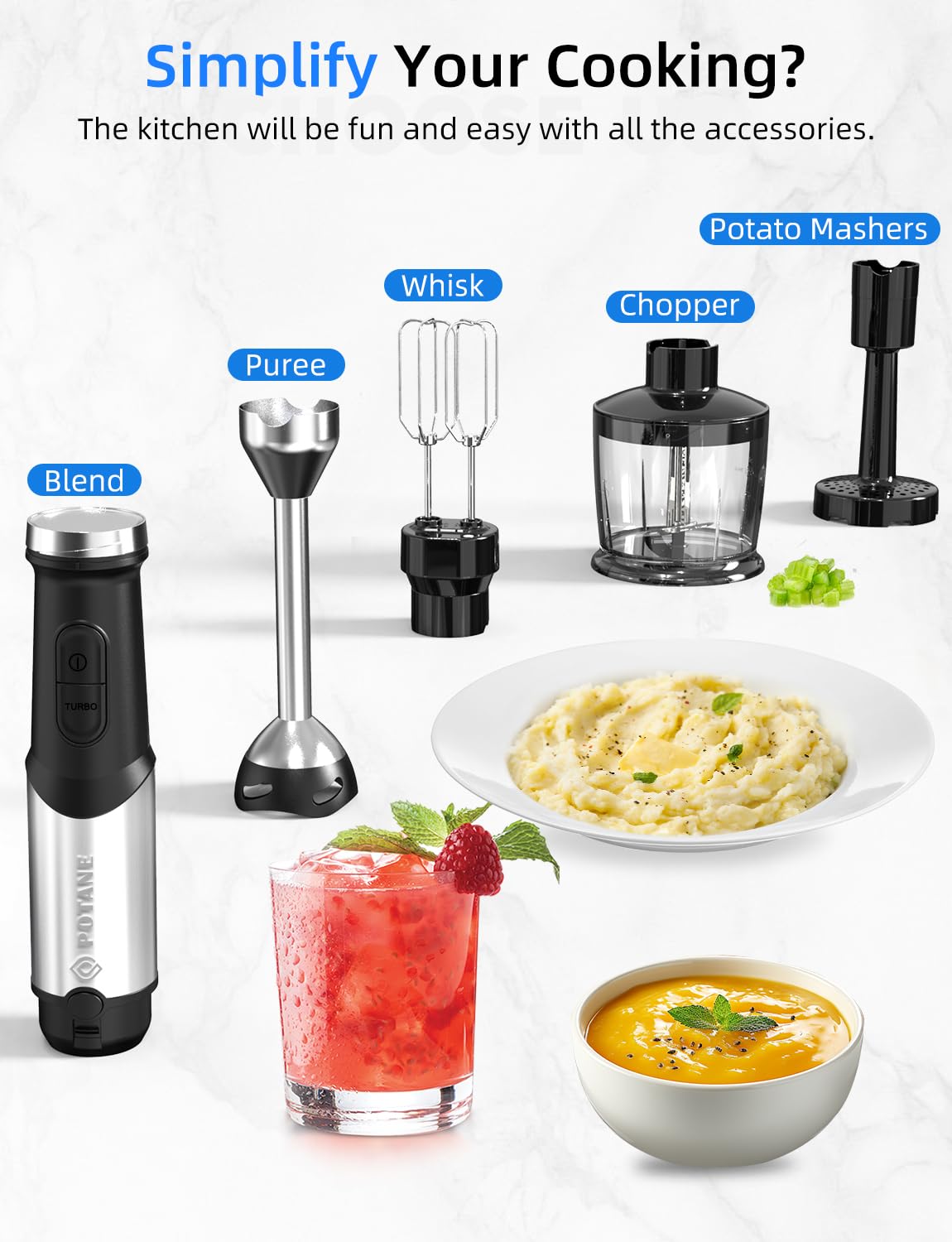 Immersion Blender, Heavy Duty Copper Motor, Stainless Steel Smart Stick with Egg Beaters, Potato Masher, Chopper/Food Processor Potane