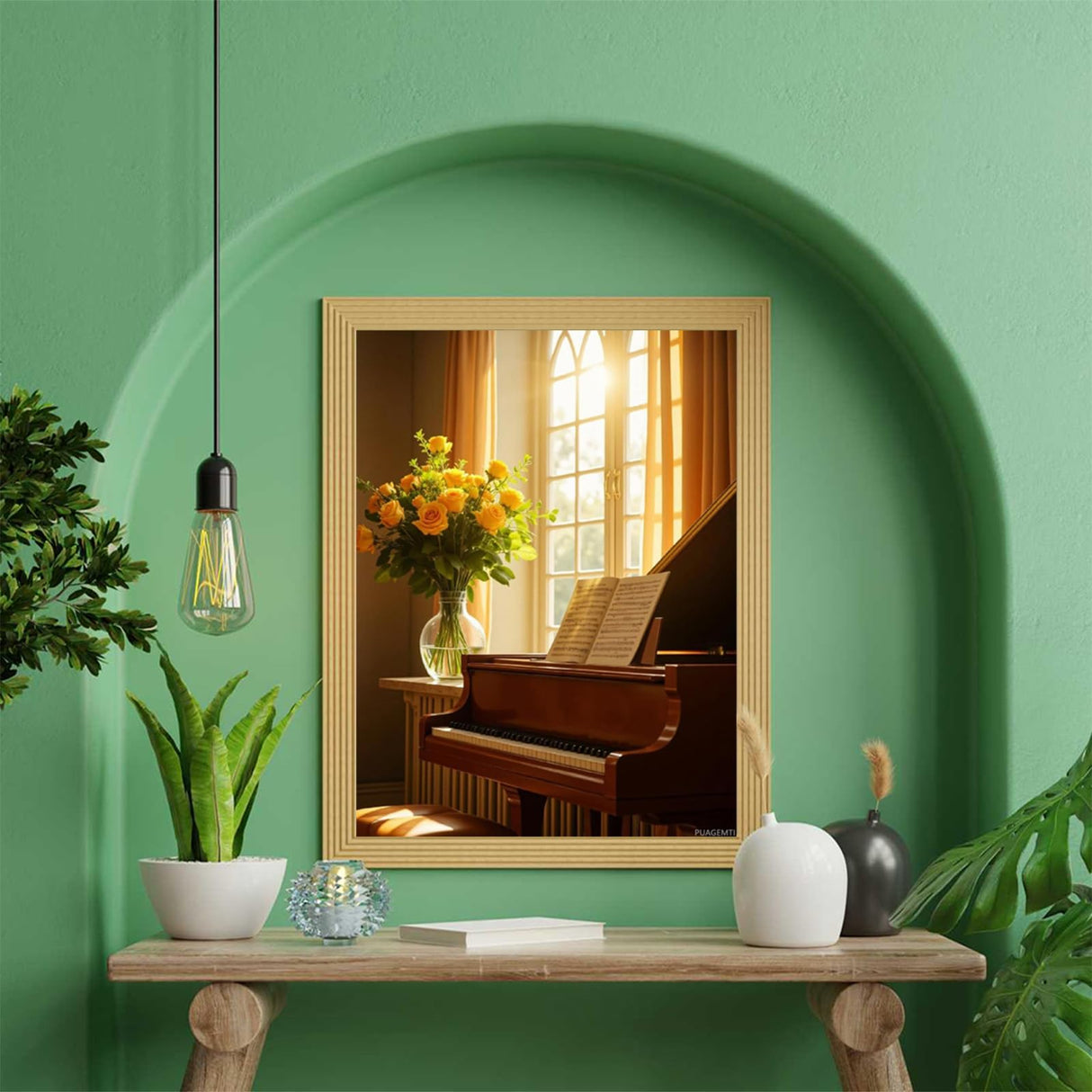 Sunlit Piano Yellow Roses Elegant Diamond Art Kits for Adults, 5D DIY Full Drill Diamond Painting Kits for Adults Beginners, Diamond Painting Kit for Wall Home Decor (No Frame) 12x16 Inch PUAGEMTI