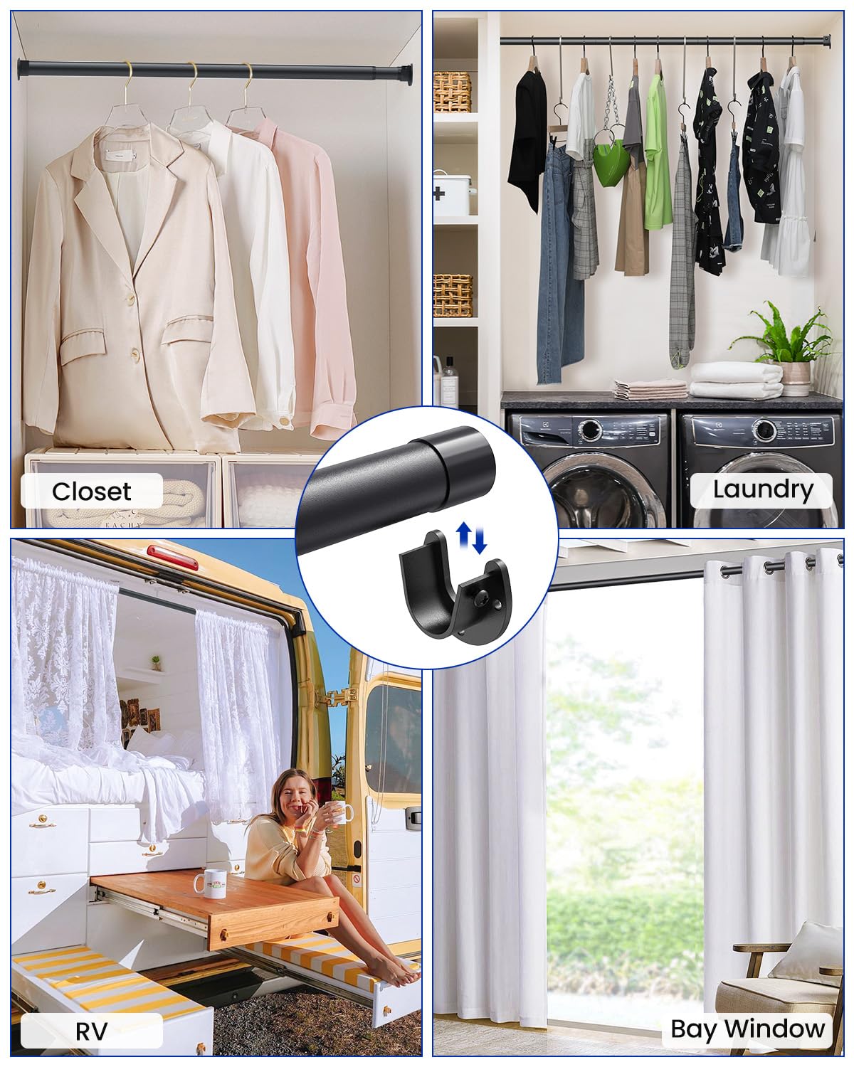 Closet Rods for Hanging Clothes, 17 to 84 Inches Stepless Adjustable Metal Closet Rod, 1.3 Inches Heavy Duty Clothes Hanging Rod for Closet Wardrobes Laundry RV Supforce