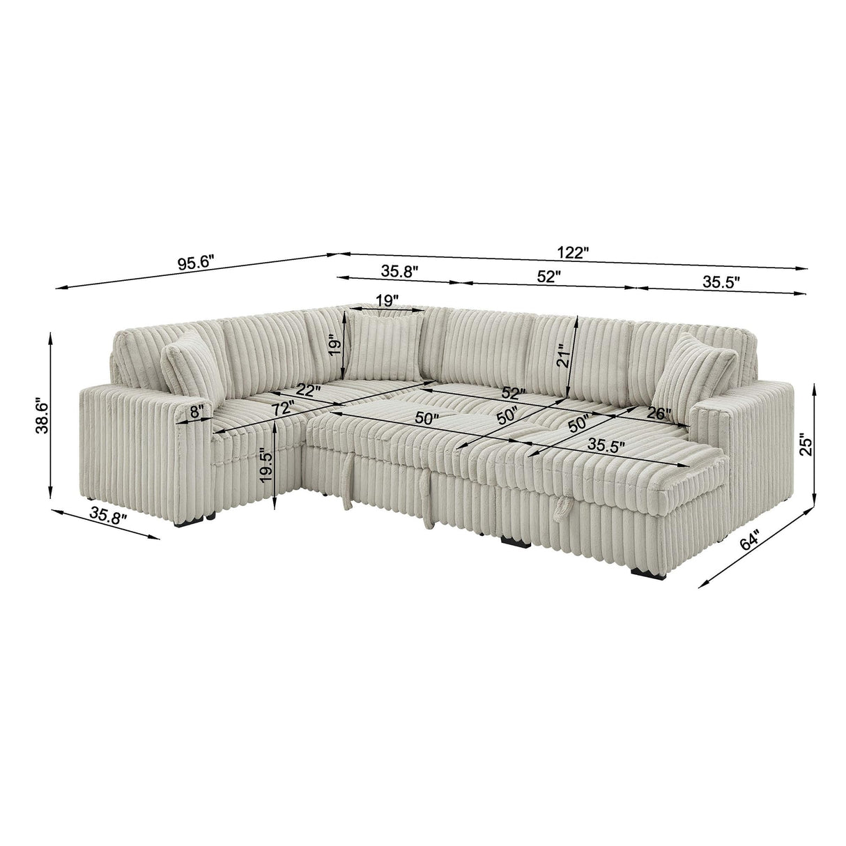 122'' Convertible U-Shaped Faux Rabbit Fur Plush Sectional Sleeper Sofa, Upholstered Cloud Couch Pull-Out Sofa Bed with Storage Chaise and USB Ports for Living Room (Khaki, 122'' x 95.6'') Familymill