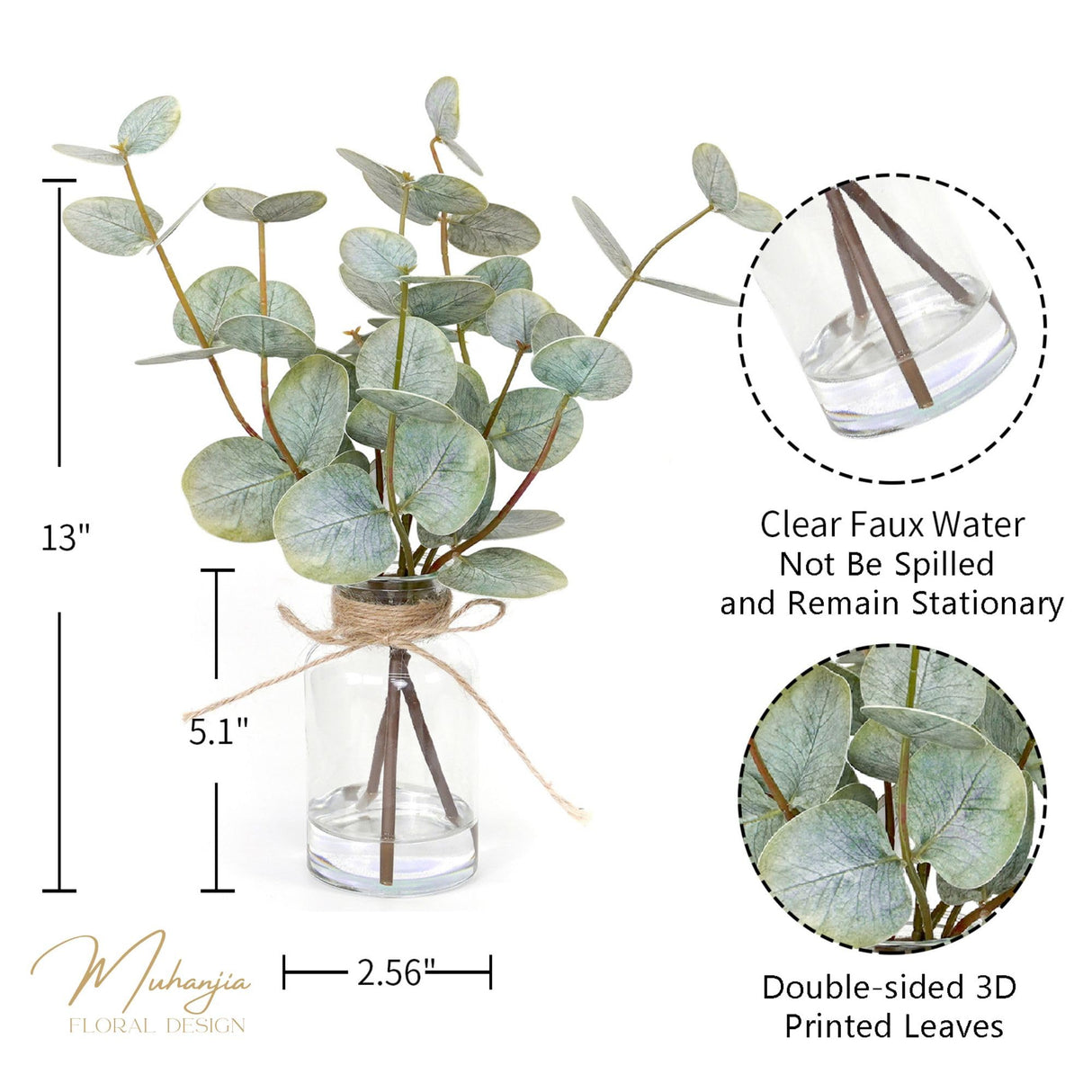Muhanjia Artificial Eucalyptus Stems in Glass Vase with Faux Water,3Pcs Fake Plant with Double-Sided Green Leaves for Centerpiece(Double-Sided Green Eucalyptus) Muhanjia