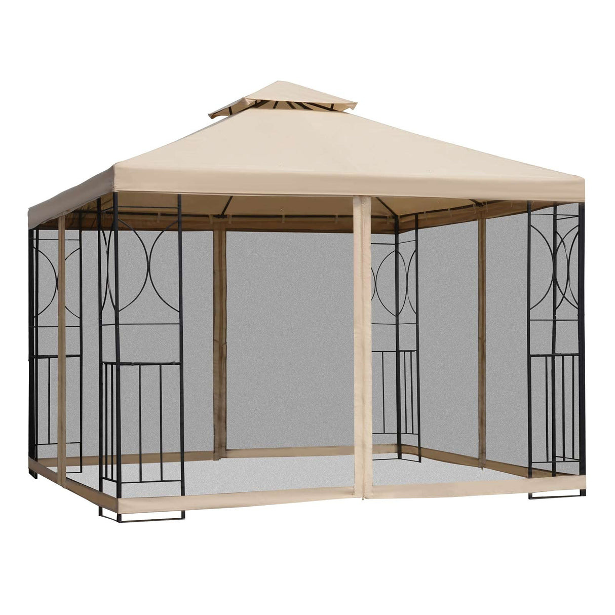 Outsunny 10' x 10' Patio Gazebo with Corner Shelves, Outdoor Gazebo Canopy Shelter with Netting, and Vented Roof, for Garden, Lawn, Backyard and Deck Outsunny