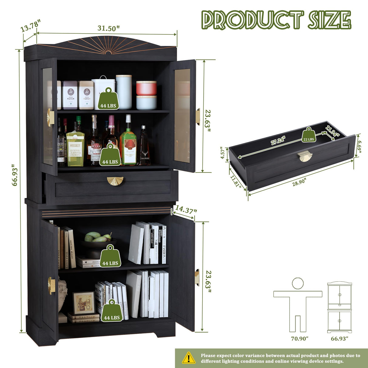 Janmer Home 67" Tall Kitchen Storage Cabinet, Farmhouse Pantry Cabinet with Doors, Drawer and Adjustable Shelves, Freestanding Cupboard Wood Pantry for Kitchen, Dining Room Bathroom (Retro, Black) Janmer Home