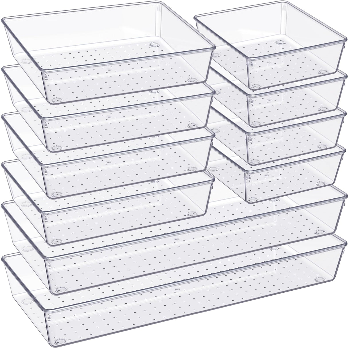 Criusia Drawer Organizer, 10 Pack Large Clear Plastic Kitchen Drawer Organizers Set, 3 Size Versatile Bathroom and Vanity Drawer Organizer Trays, Storage Bins for Makeup, Bedroom, Kitchen Utensils Criusia