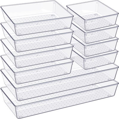 Criusia Drawer Organizer, 10 Pack Large Clear Plastic Kitchen Drawer Organizers Set, 3 Size Versatile Bathroom and Vanity Drawer Organizer Trays, Storage Bins for Makeup, Bedroom, Kitchen Utensils