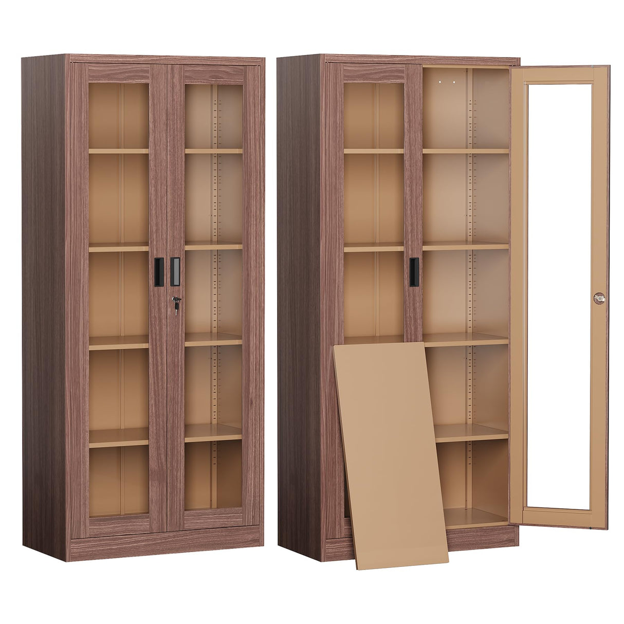 PEUKC Display Cabinet-71 Inches 4 Adjustable Shelves Curio Cabinets with Locking Glass Doors Display Case for Collectibles, Cosmetics, Hydroponics, Books (Wood Color,Assemble Required) PEUKC