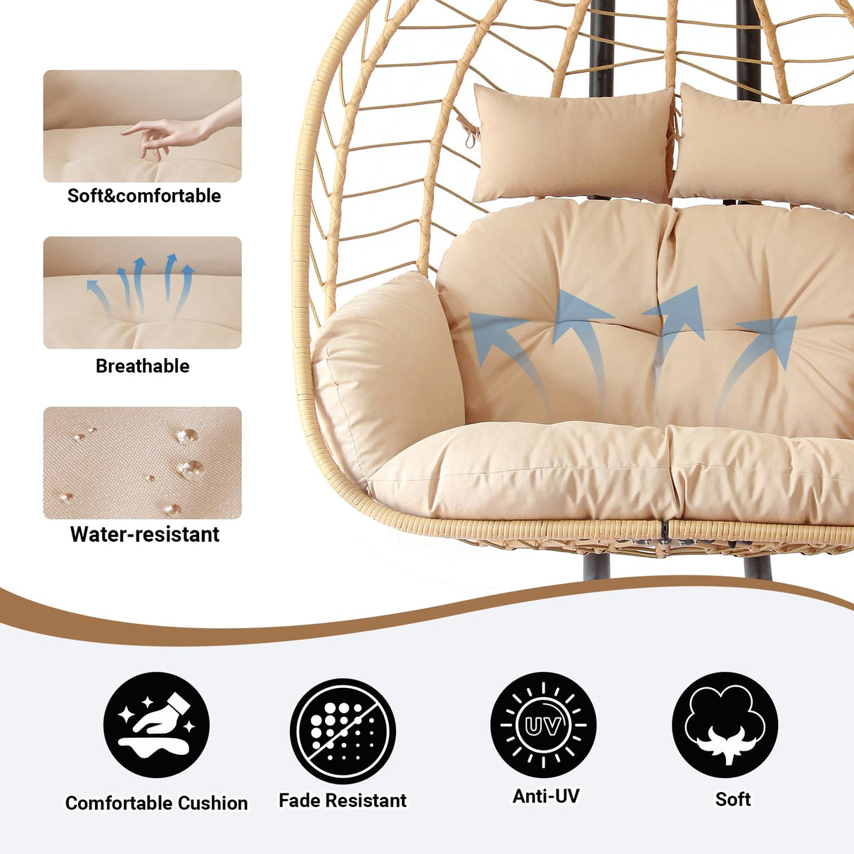 Double Egg Chair with Stand, Patio Wicker Hanging Swing Egg Chair Thickened, Galvanized Pipe Steel Frame and UV Resistant Cushion for Bedroom Garden Indoor Outdoor, 440LBS Capacity (Natural Beige) JOINFUN
