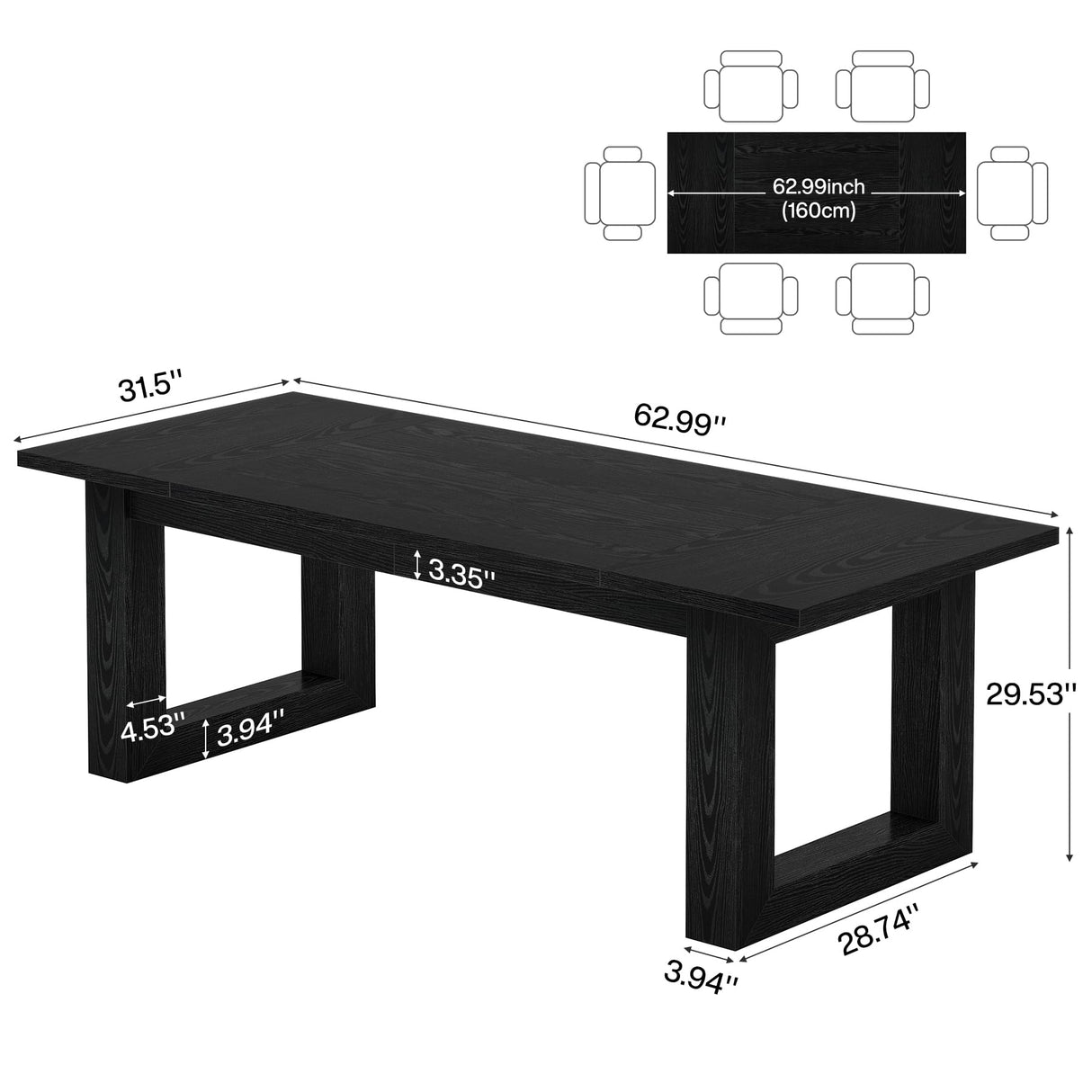 Tribesigns Farmhouse Dining Table for 4-6 People, 63-Inch Wooden Kitchen Furniture with Solid Wooden Pedestal, Large Rectangular Dinner Table for Dining Room (Black) Tribesigns