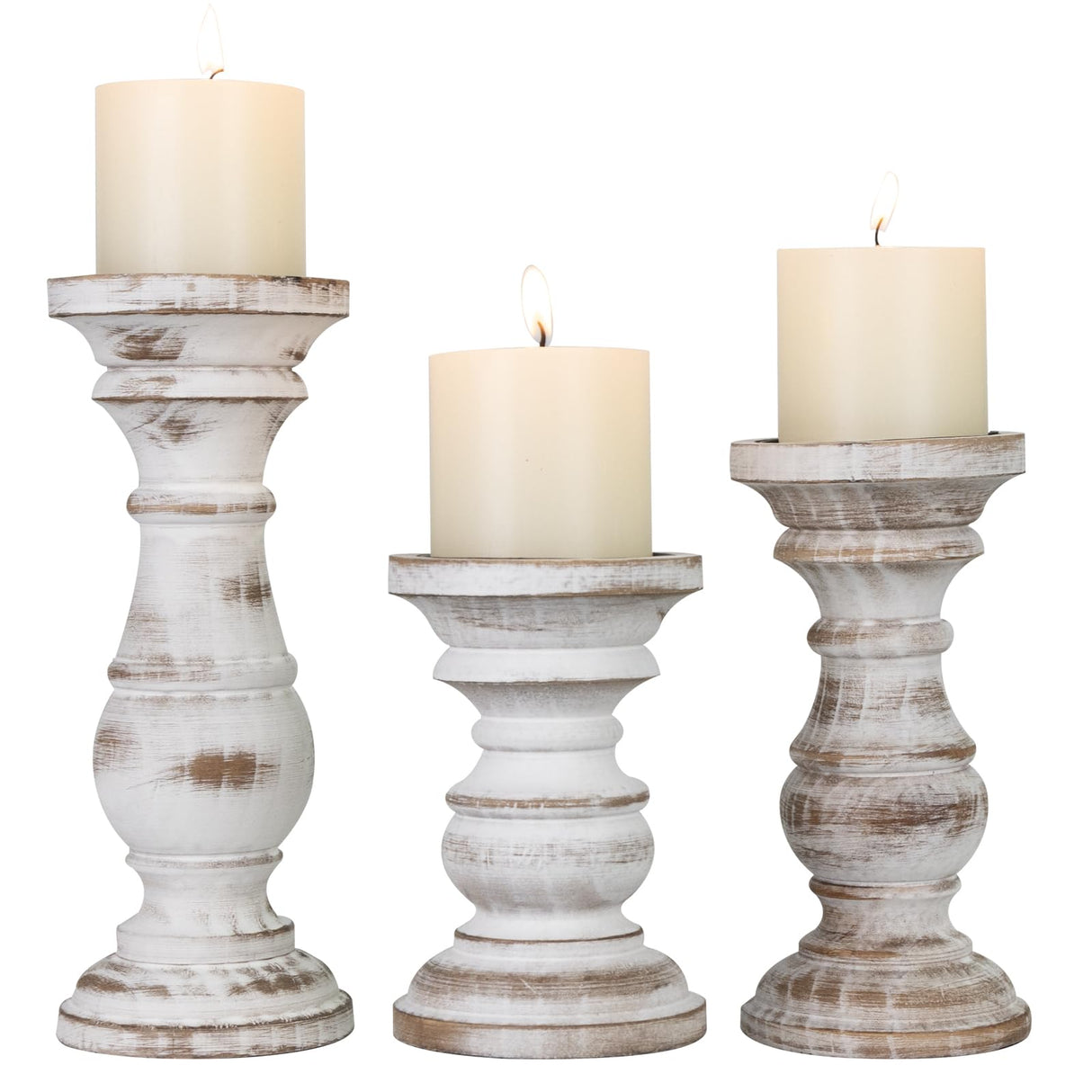 Candle Holder for Pillar Candle Set of 3, Farmhouse Wood Candle Holder, Rustic Wooden Candle Stand, Decorative Wood Candlestick Holders for Living Room, Table Centerpiece (Antique White) CEDARLUX
