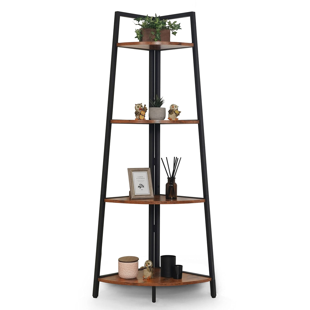 CAPHAUS Tall Corner Shelf Stand, 4-Tier Display Shelves, Ladder Corner Wood Storage Plant Bookshelf with Metal Frame, Versatile Shelving Unit Bookcase for Home Office Space, Rustic Oak CAPHAUS