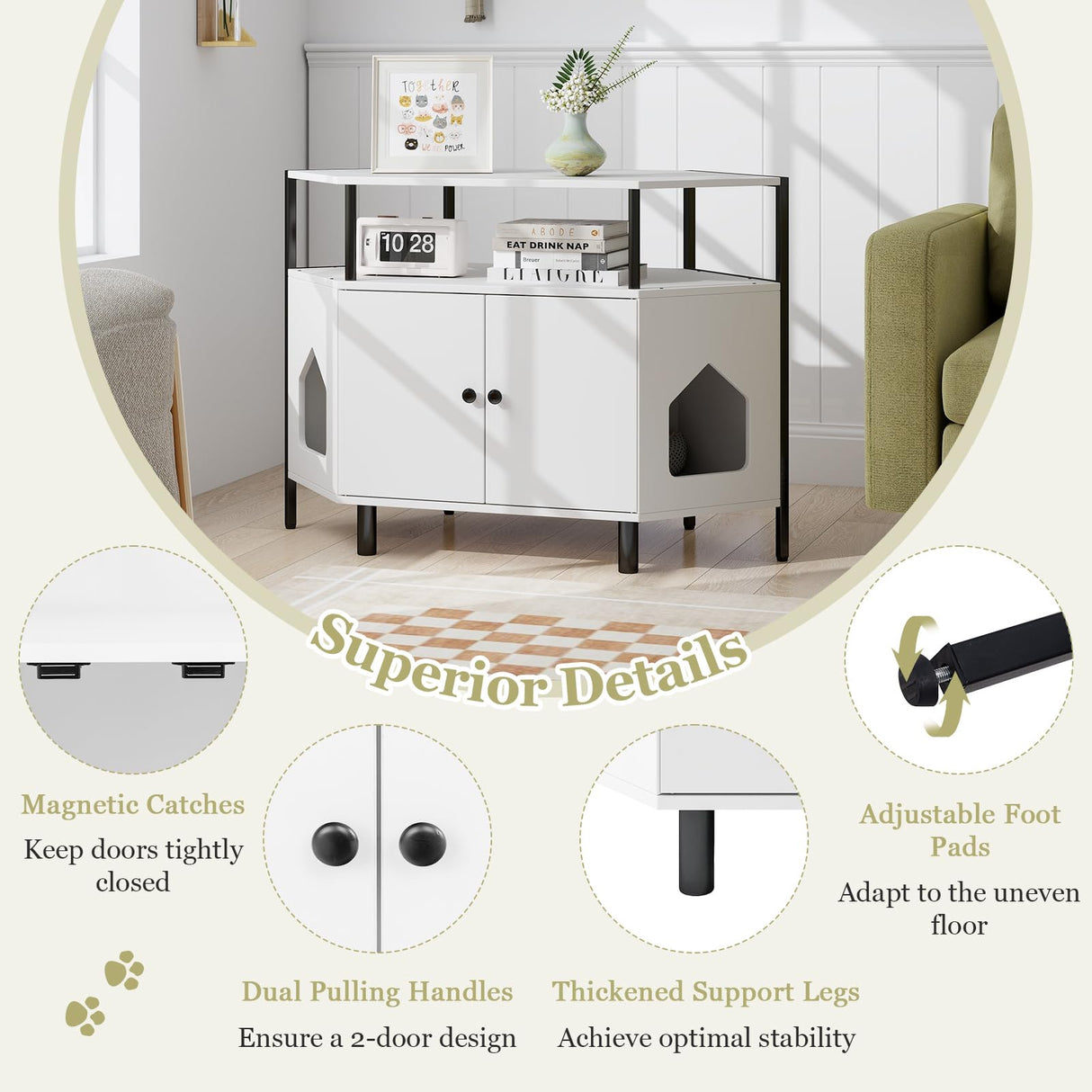 Giantex Corner Cat Litter Box Enclosure - Cat Washroom Hidden Furniture with Dual Front Entries, 2-Door Cabinet, Storage Shelves, Metal Frame, Wooden Pet House Crate (White) Giantex