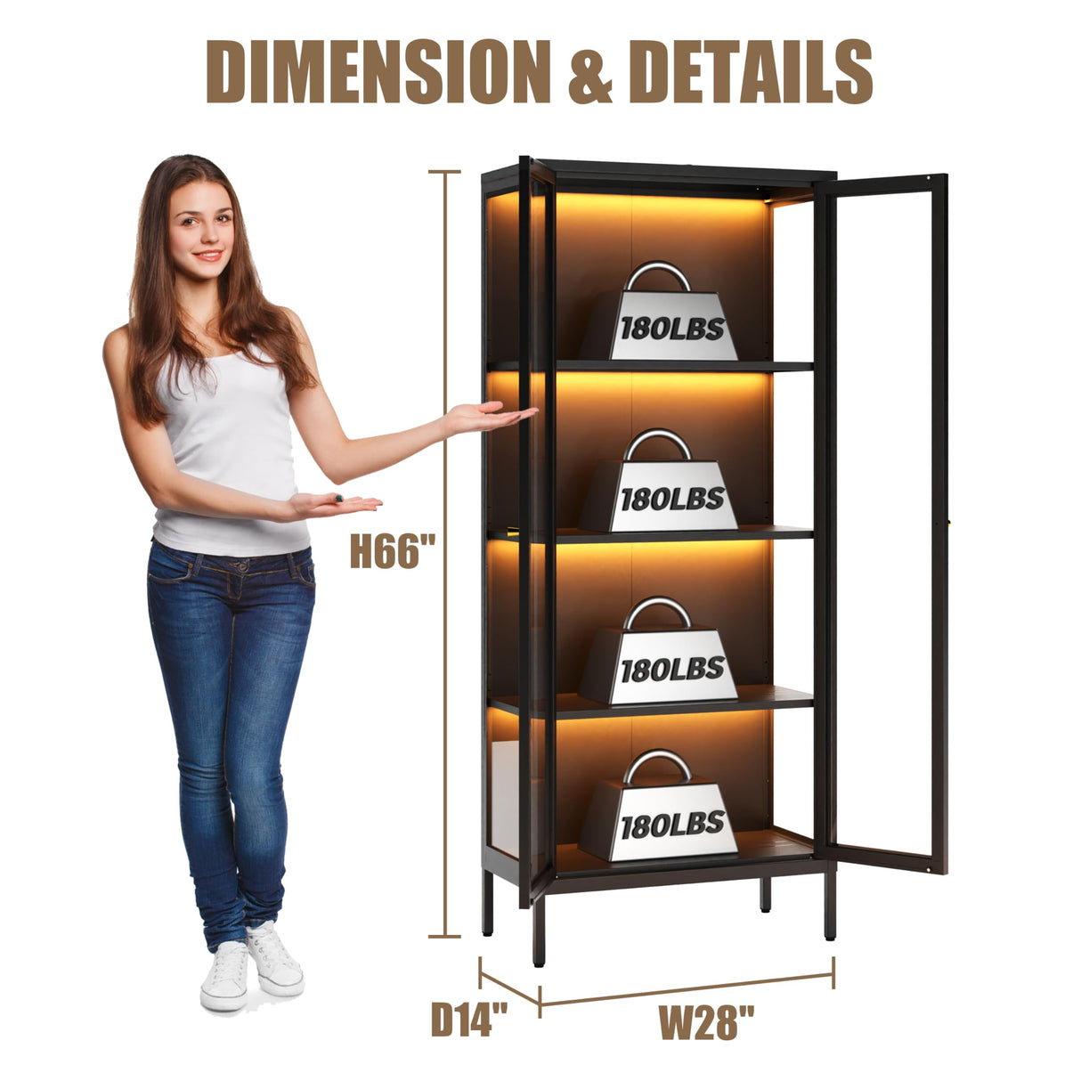 Glass Display Cabinet with LED Lights, Black Curio Glass Showcase, 66" Tall Metal Storage Cabinet with Doors and Adjustable Shelves, 3 Color Lighted Display Case for Living Room, Home Office, Pantry MetalMax