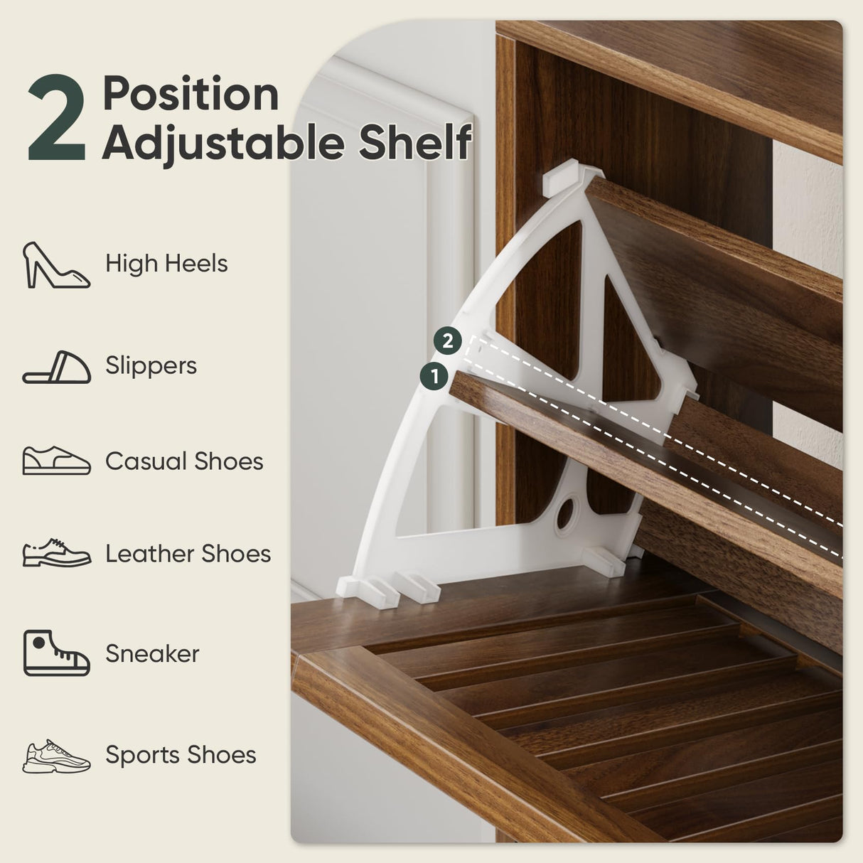 Smart FENDEE Shoe Cabinet with 2 Flip Louvered Drawers, Wooden Shoe Storage Cabinet with Gold Handle, Mid-Century Modern Freestanding Shoe Organizer Cabinet for Entryway, Hallway, Walnut, 31.5" W Smart FENDEE