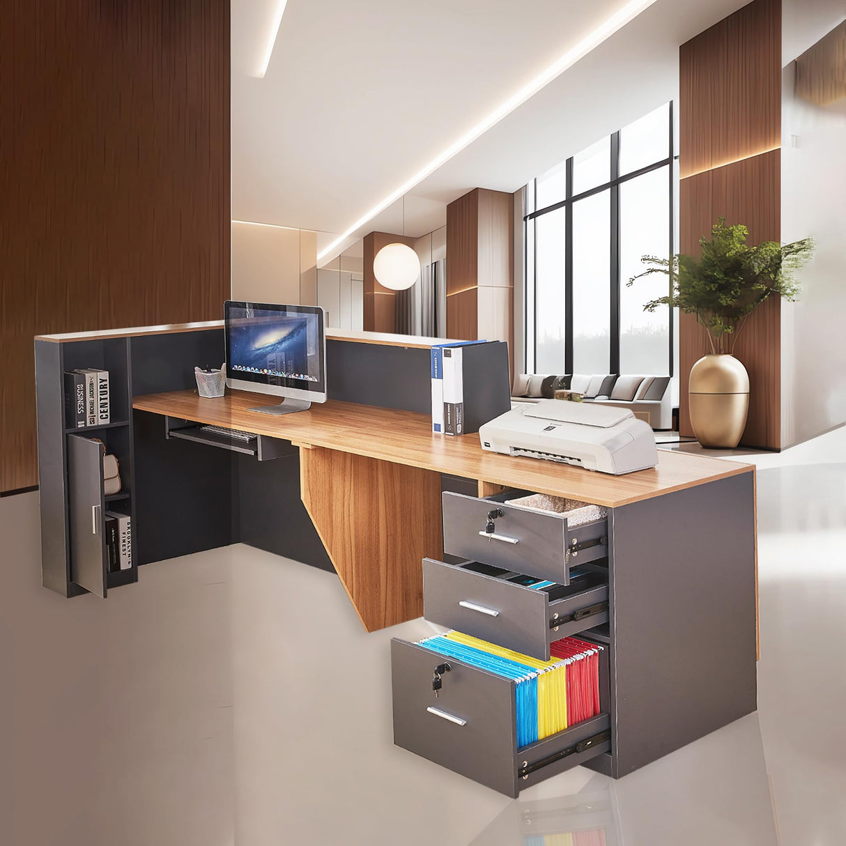 LayBurst L Shaped Reception Desk with Lockable Drawers and Adjustable Filling Cabinet,Modern Front Desk Reception Counter with Keyboard Tray and Storage Cabinet for Checkout,Lobby,Beauty Salon LayBurst