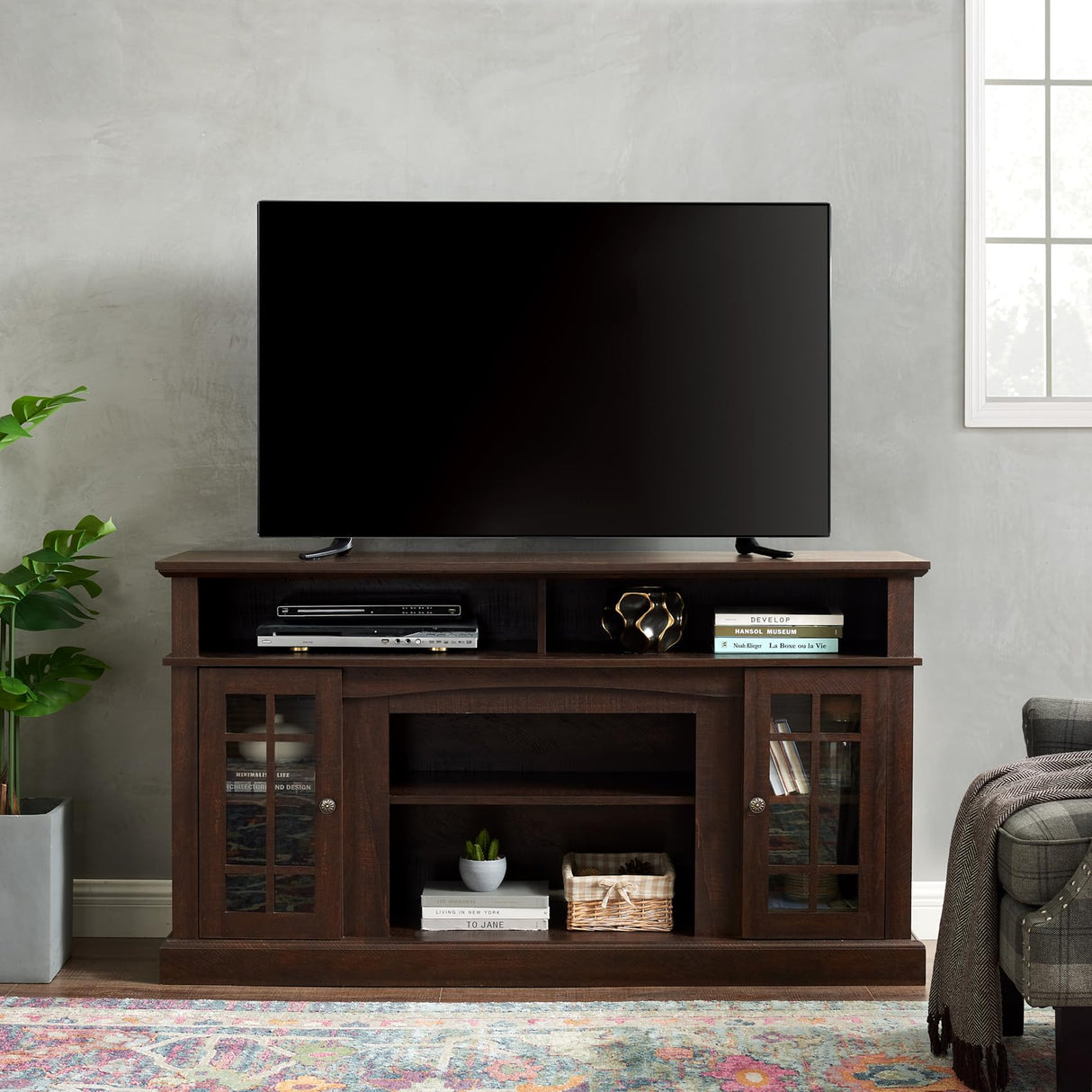 SUNLIFER 58" Farmhouse Entertainment Center: Espresso Wood TV Stand for 60 Inch TV | Rustic Tall TV Console for Living Room with Storage Cabinet and Adjustable Shelves SUNLIFER