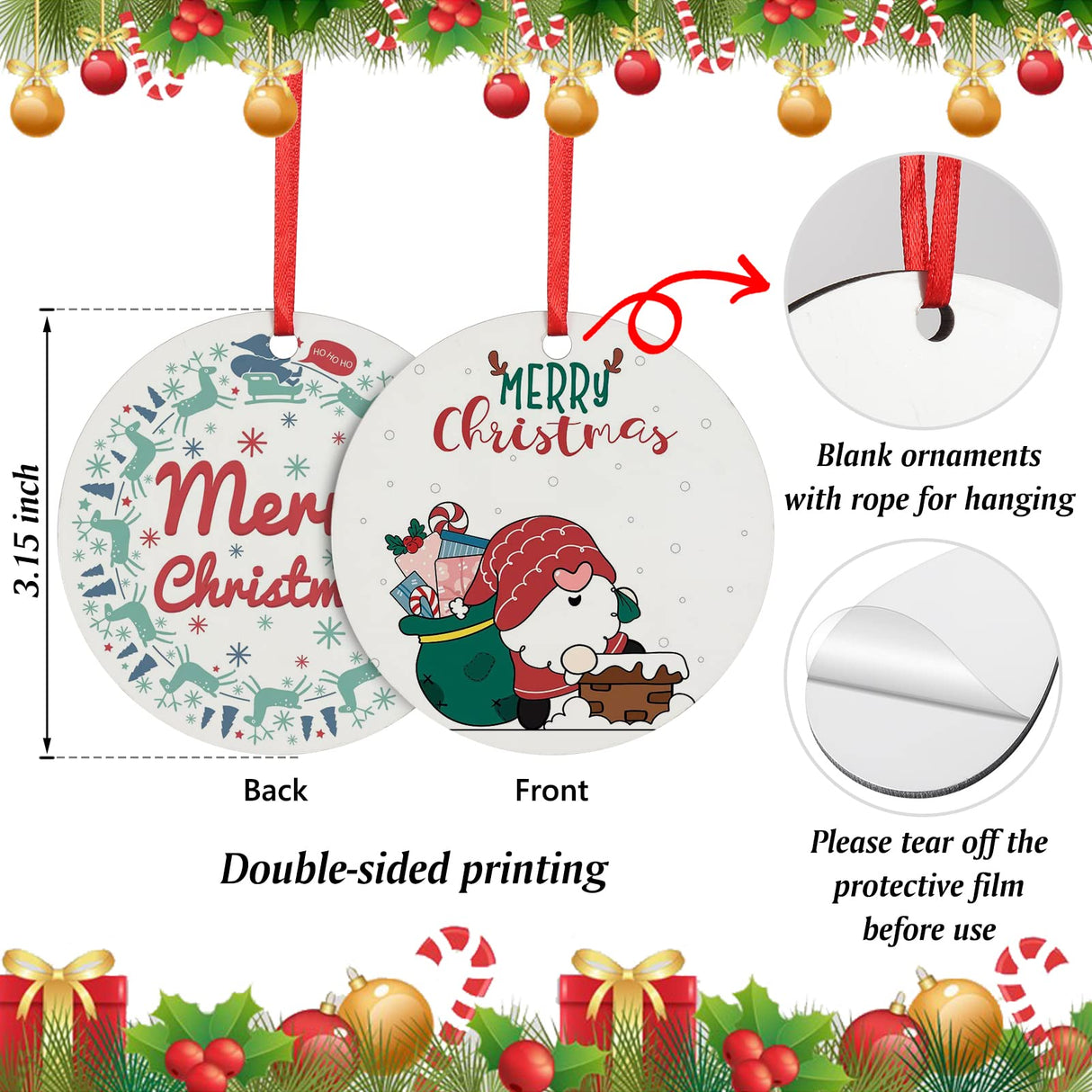 3.15" Sublimation Ornament Blanks, 20 Pieces Round Blank Sublimation Ornaments Personalized Christmas Ornament Blanks for Christmas Tree Decor HooAMI