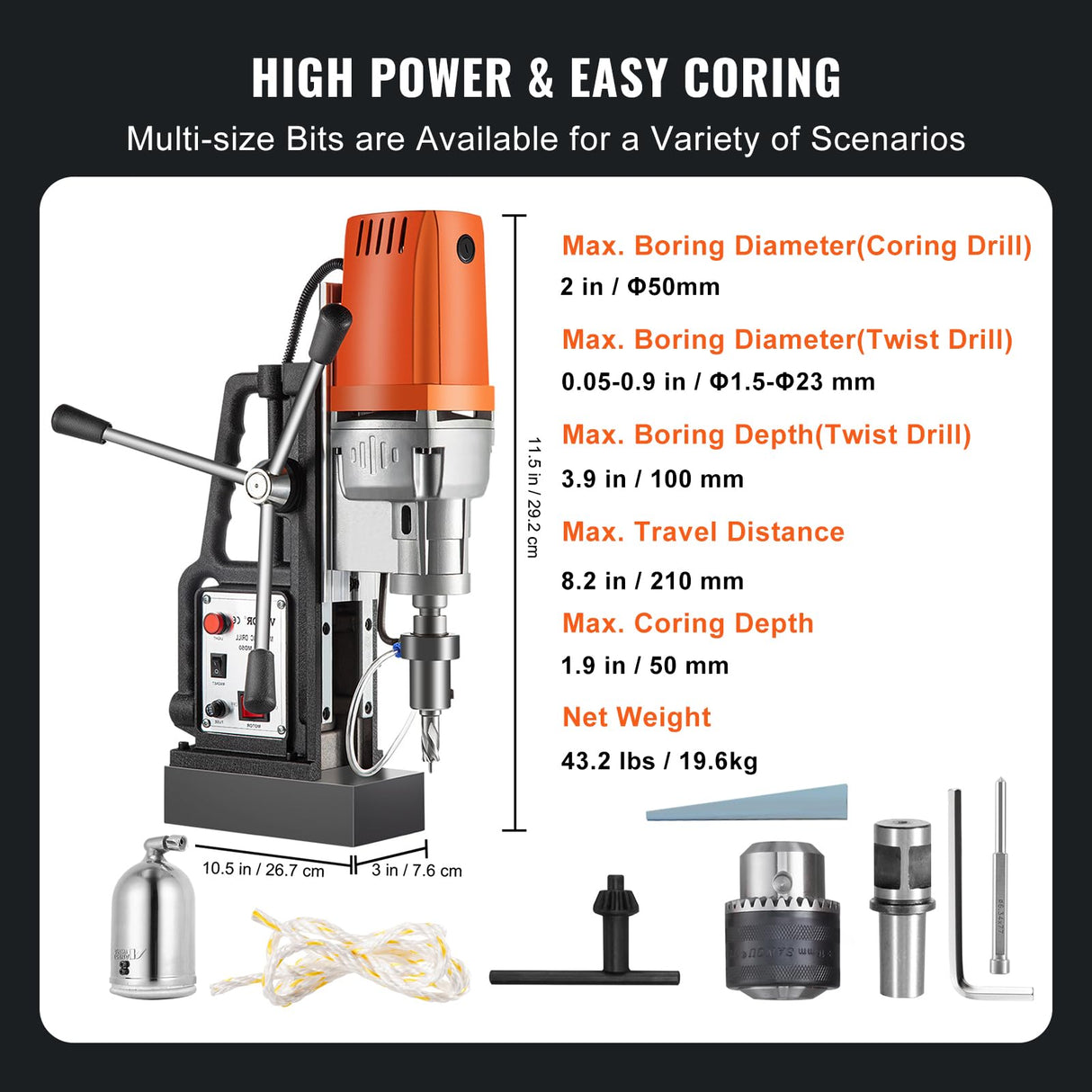 VEVOR 1680W MD50 Magnetic Drill 300 RPM Spindle Speed Electric Magnetic Drilling System with 2 Inch Boring Diameter and 2900 LBS Magnet Force VEVOR