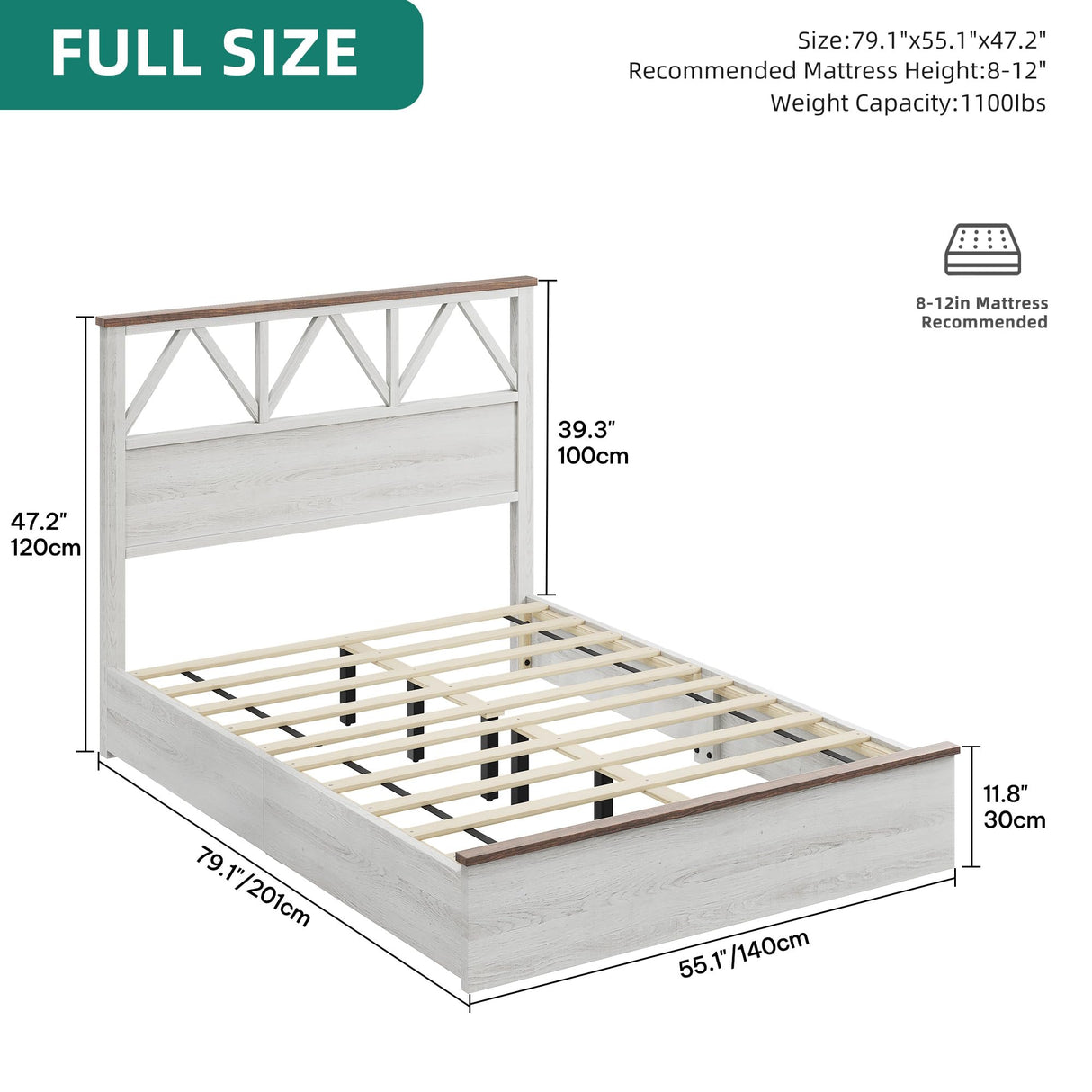 YITAHOME Farmhouse Full Size Bed Frame with 47.2'' Headboard, Platform Rustic Wood Bed Frame with Slats, Sturdy and Noiseless, No Spring Needed, White YITAHOME