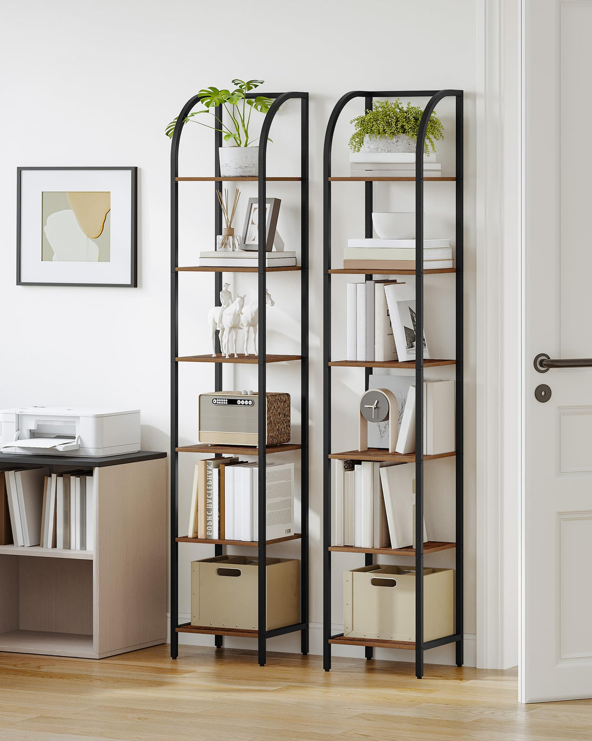 Hzuaneri Bookshelf Narrow Bookcase, Tall Storage Rack with Steel Frame, Display Standing Shelf Unit, Skinny Book Shelf for Study Living Room Home Office, Industrial Style, 6-Tier Rustic Brown BC56001B