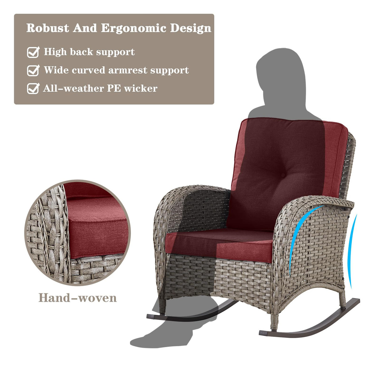 5 Piece Patio Rocking Chairs Furniture Set - Outdoor Wicker Furniture with Ottomans and Side Table, Rattan Conversation Bistro Set for Porch Balcony Backyard Belord