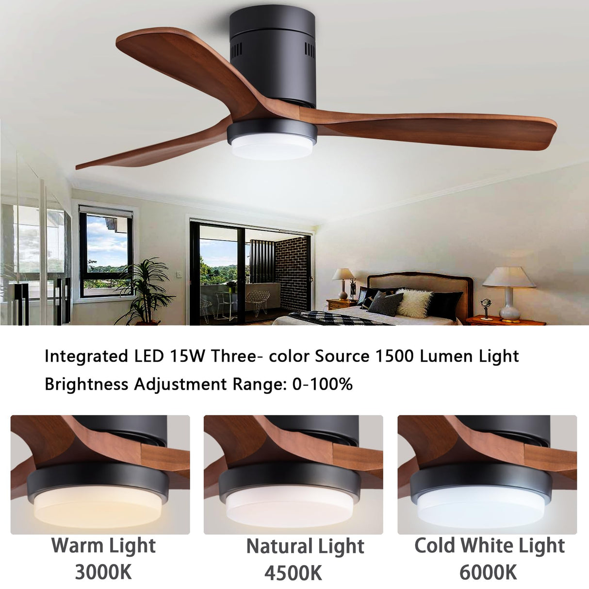 48" Recessed Ceiling Fan, Wooden Ceiling Fan with Lights with Remote Control, Indoor Outdoor Wooden Ceiling Fan with 3 Wooden Blades for Patio, Living Room, Bedroom, Hallway and More.…… dearnow