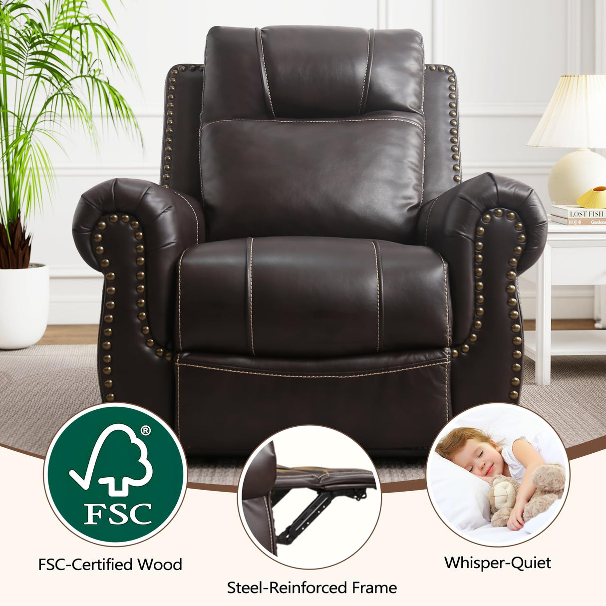 ANJ Electric Power Recliner Chair with USB Ports, Breathable Faux Leather Oversized Recliner with Comfortable Arms, Back and Headrest, Single Sofa for Living Room, Dark Brown ANJ