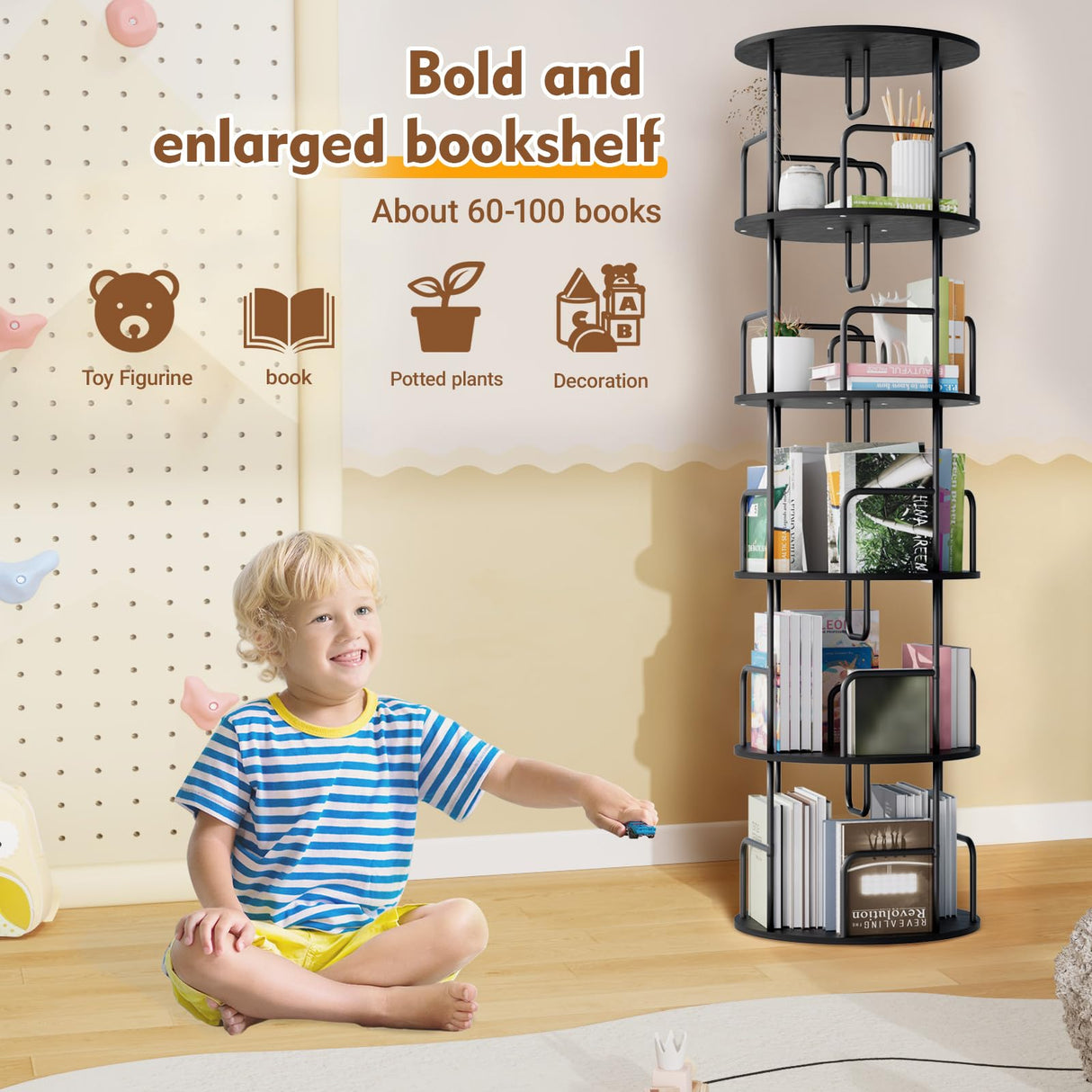 YZU Rotating Bookshelf Tower 5 Tier,Spinning Bookcase, Revolving 360 Book Shelf Narrow Tall Bookcase, Vertical Turning Round Storage Bookshelf,Book Shelf Organizer for Bedroom, Living Room (Black) YZU