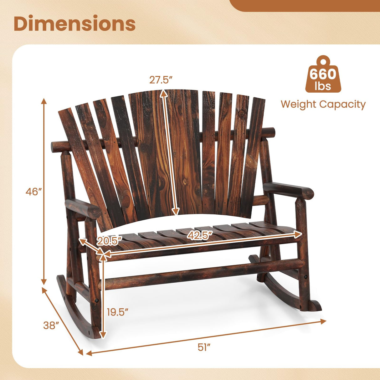 Giantex Outdoor Wooden Rocking Bench, 2-Person Adirondack Porch Rocker Chair with High Back and Slatted Seat, Rustic Log Loveseat for Front Porch Patio, Backyard, Garden, Brown, 51”x38”x46” Giantex